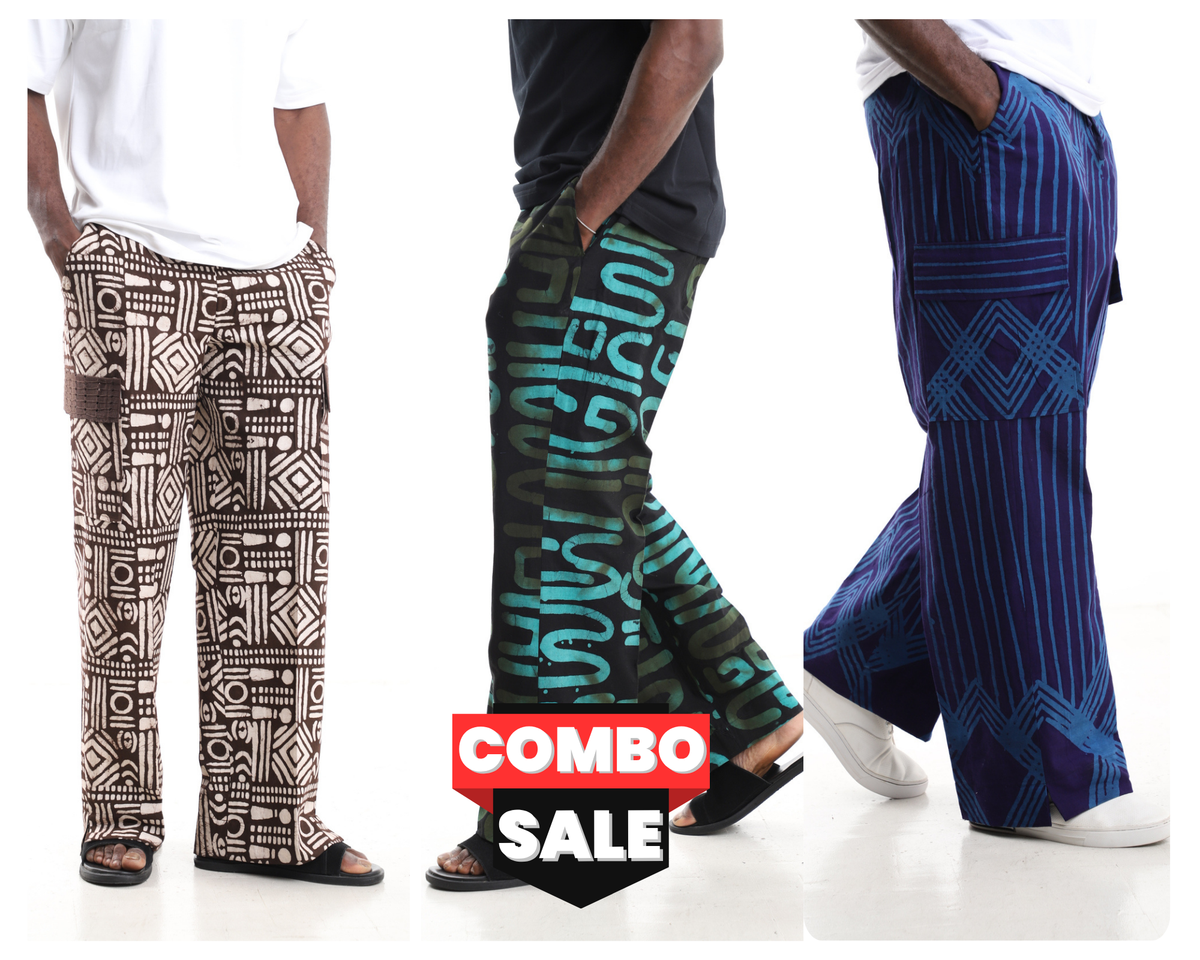 King Kaftan Printed Cotton Adire Cargo Pants Trio Combo Set – Front View – African men's fashion Nigeria