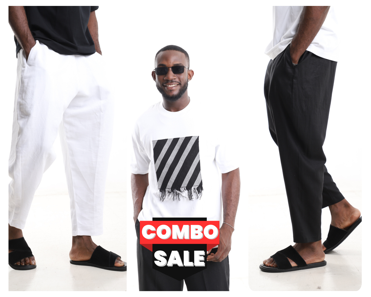 King Kaftan Striped Patch T-Shirt and Tapered Linen Pants Combo Set – Front View – African men's fashion Nigeria