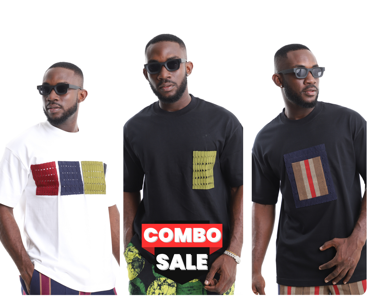 King Kaftan Patchwork & Pocket Accent Cotton T-Shirt Trio Combo Pack – Front View – African men's fashion Nigeria