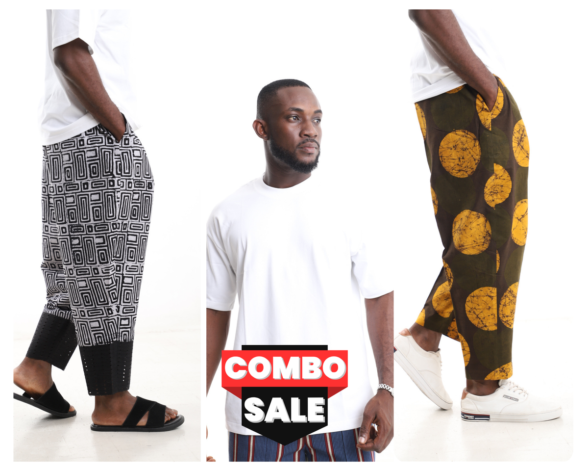 King Kaftan Printed Cotton Adire Pants and T-Shirt Combo Set – Front View – African men's fashion Nigeria