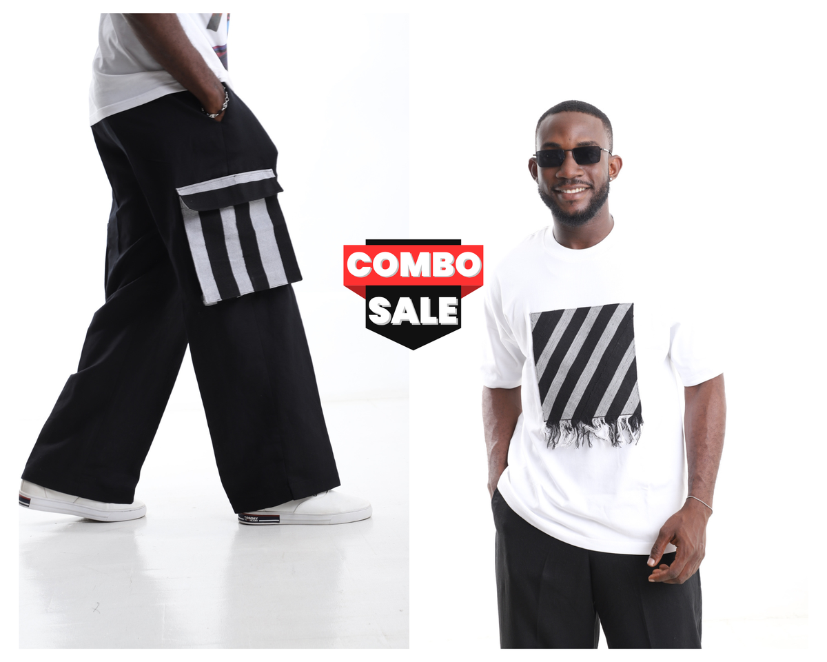 King Kaftan Striped Patch T-Shirt and Cargo Linen Pants Combo Set – Front View – African men's fashion Nigeria