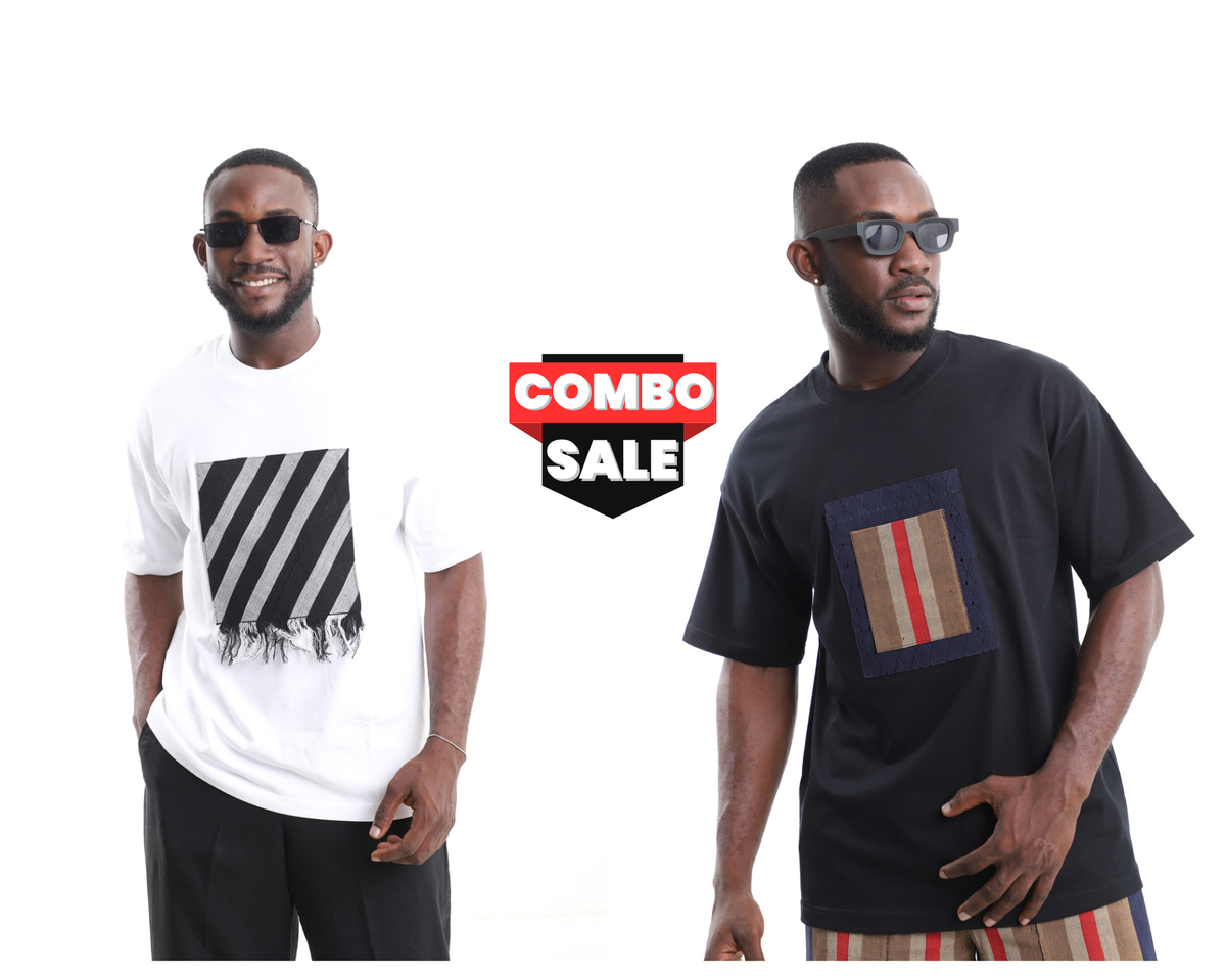 King Kaftan Graphic Patchwork Cotton T-Shirt Combo Pack – Front View – African men's fashion Nigeria