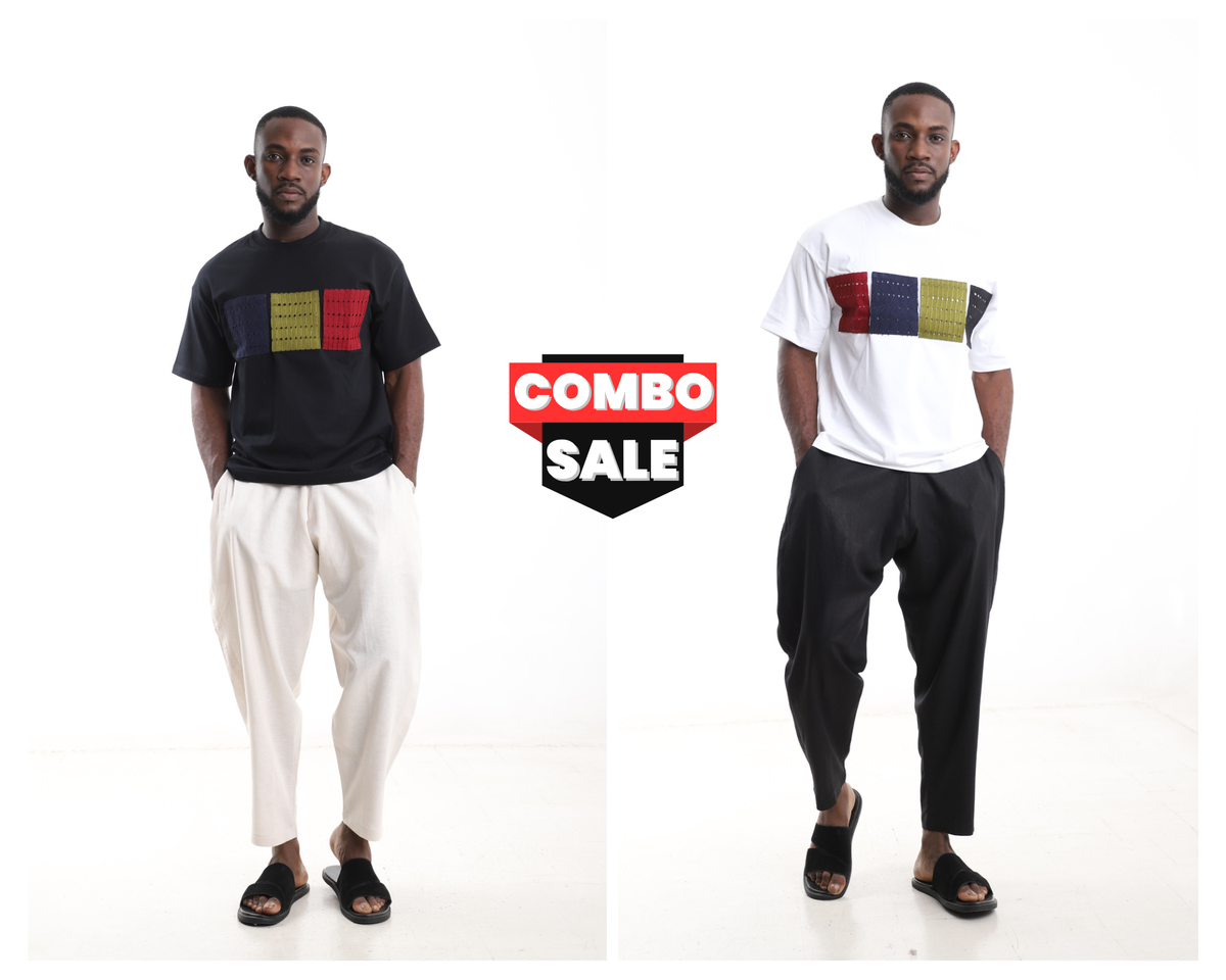 King Kaftan Block Patchwork T-Shirts and Linen Pants Combo Set – Front View – African men's fashion Nigeria