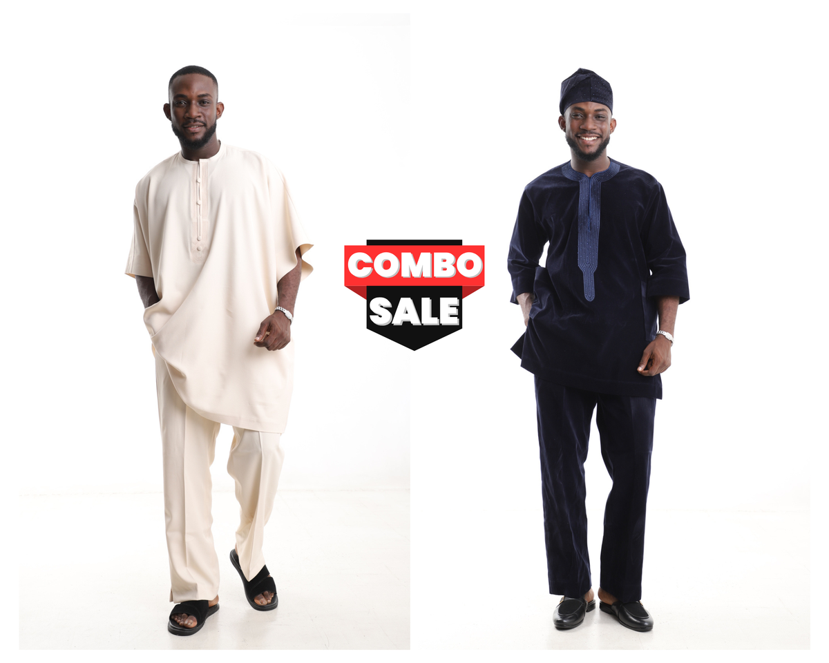 King Kaftan Minimalist & Embroidered Kaftan Polished Cotton Traditional Wear Combo Set – Front View – African men's fashion Nigeria