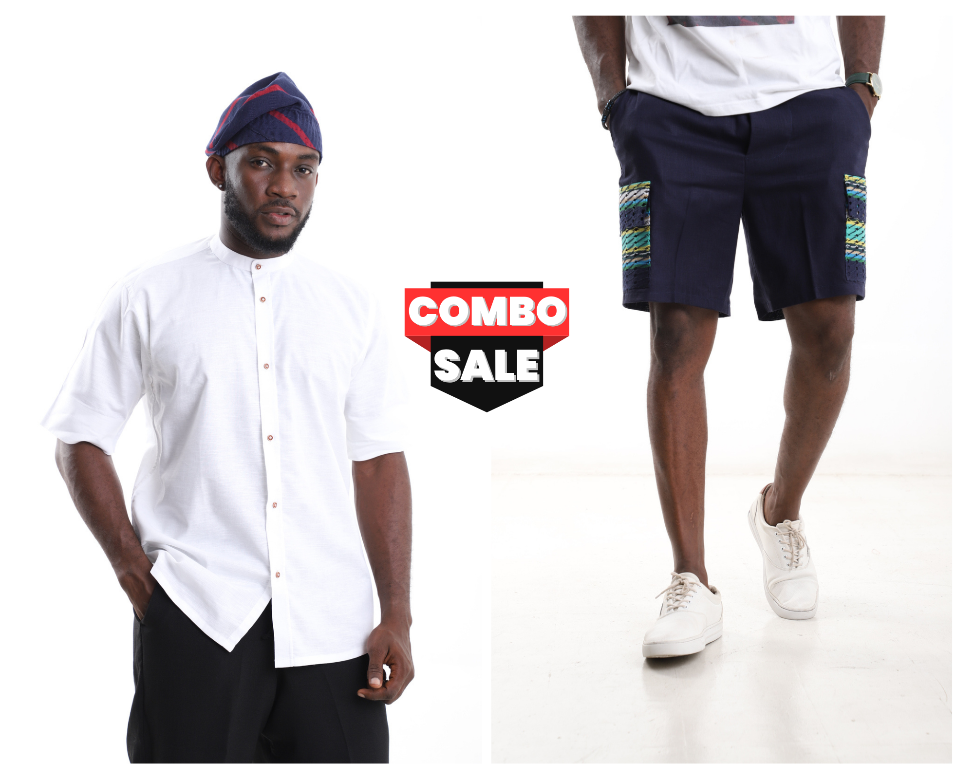 Men’s White Linen Shirt & African Patch Linen Shorts Combo – Modern Summer Set