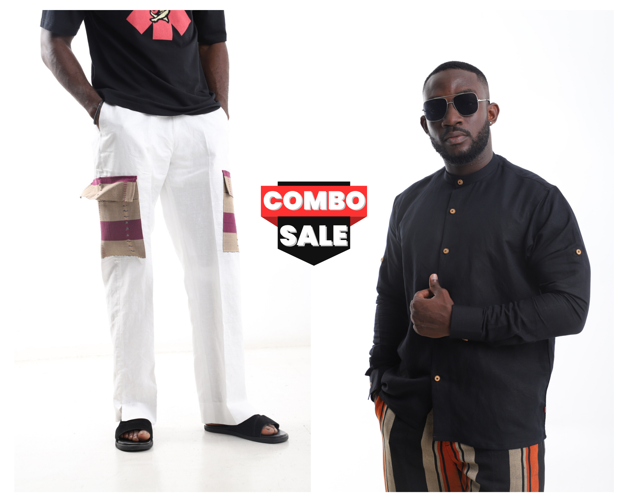 Men’s Linen Pants & Black Mandarin Collar Shirt Combo – Afro-Modern Luxury Set