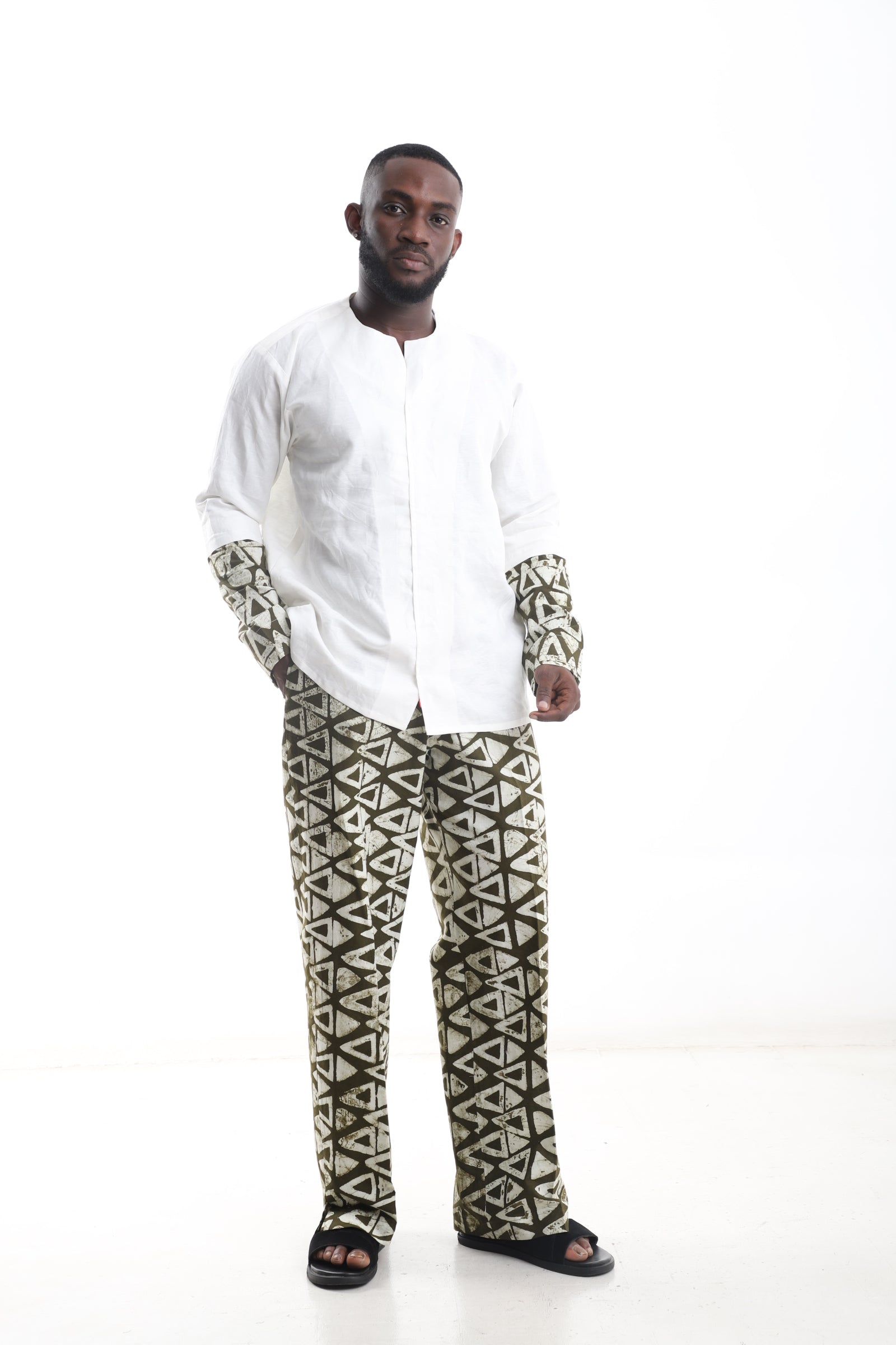 Adire Pants &amp; Linen Shirt Set – Olive Geometric Print