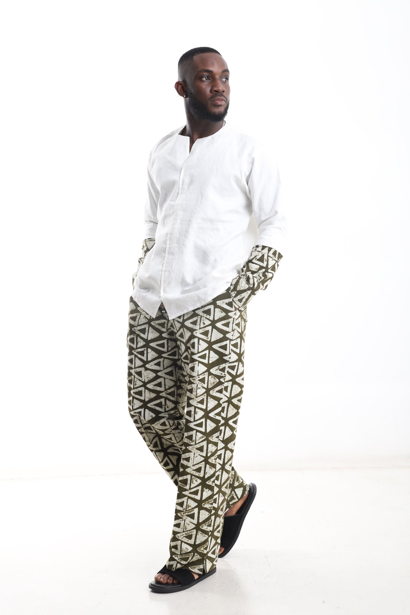 Adire Pants &amp; Linen Shirt Set – Olive Geometric Print