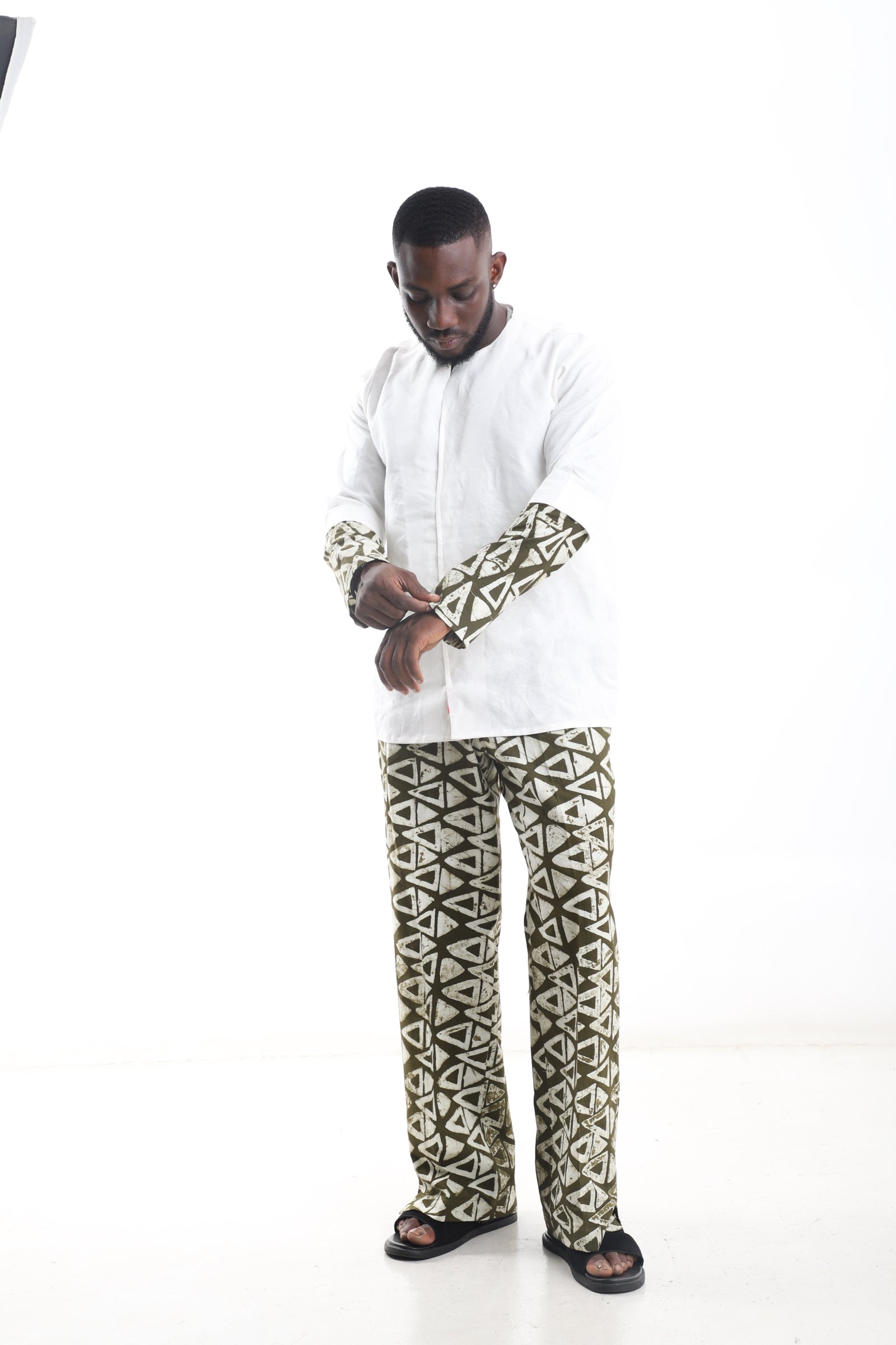 Adire Pants &amp; Linen Shirt Set – Olive Geometric Print