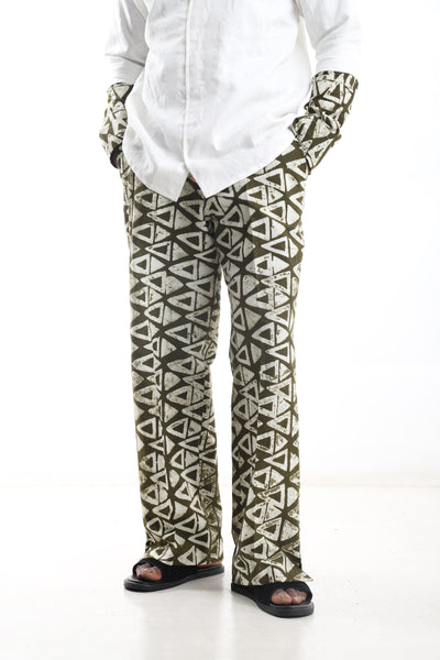 Hand-Dyed Adire Trousers – Olive Geometric Print