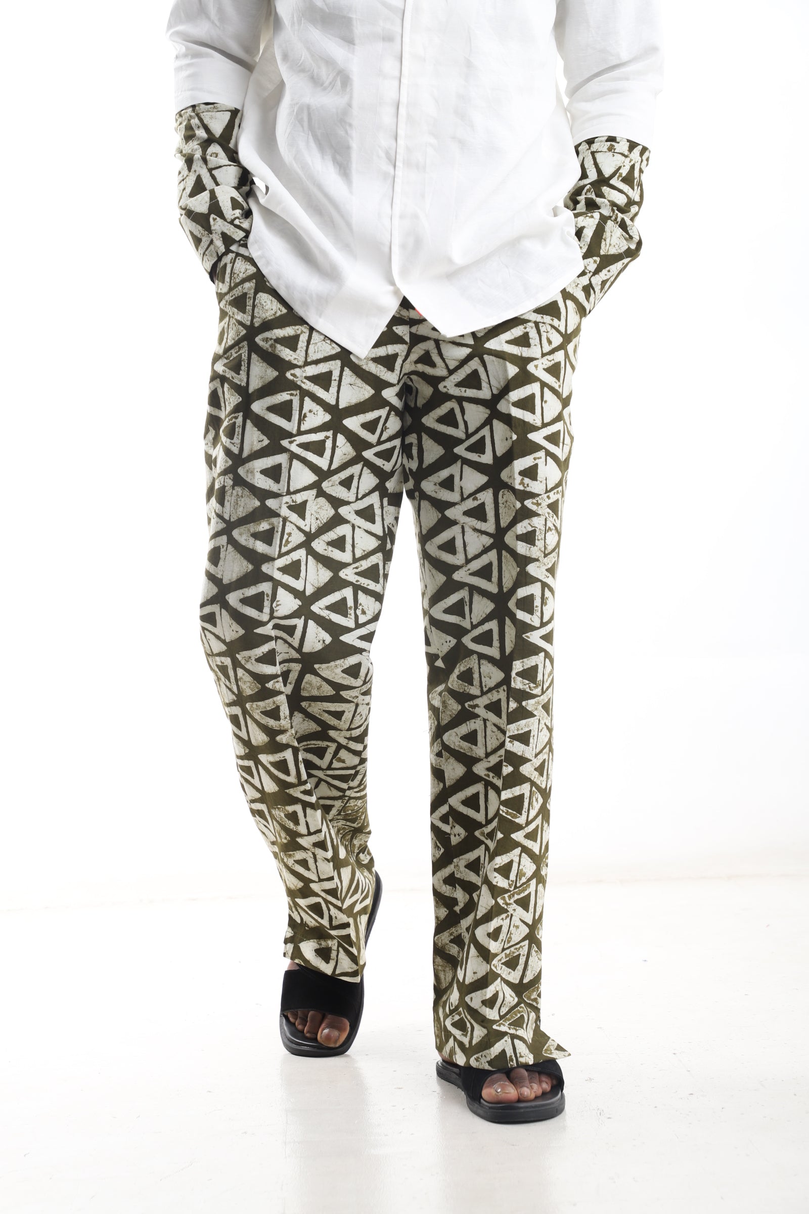 Hand-Dyed Adire Trousers – Olive Geometric Print