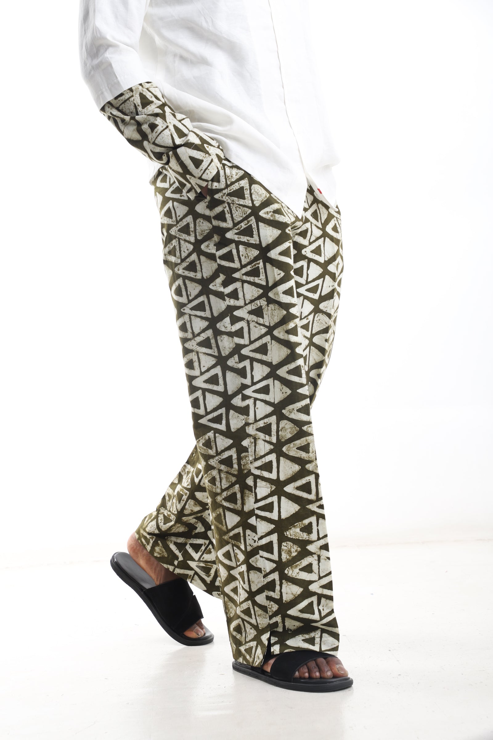 Hand-Dyed Adire Trousers – Olive Geometric Print