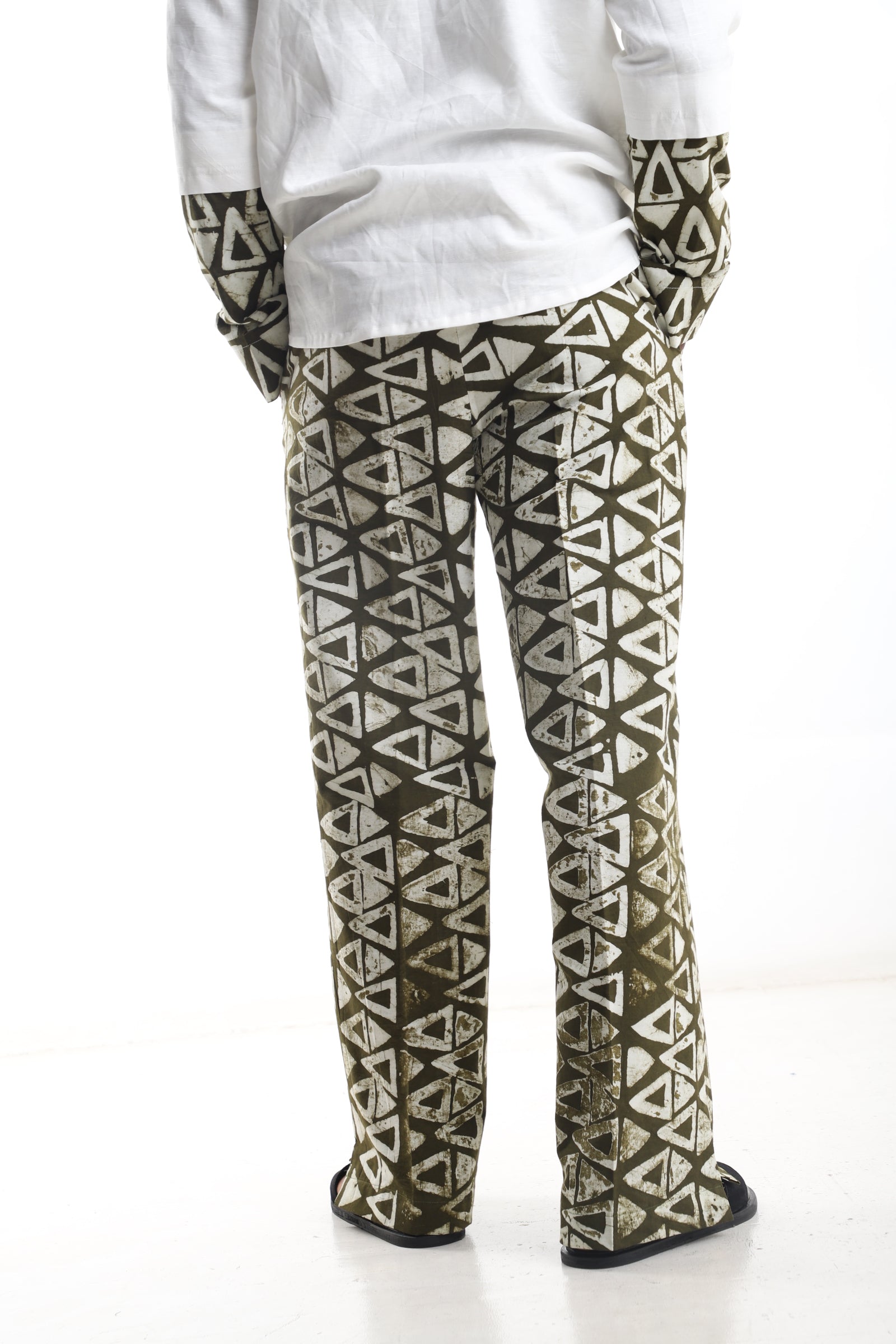 Hand-Dyed Adire Trousers – Olive Geometric Print