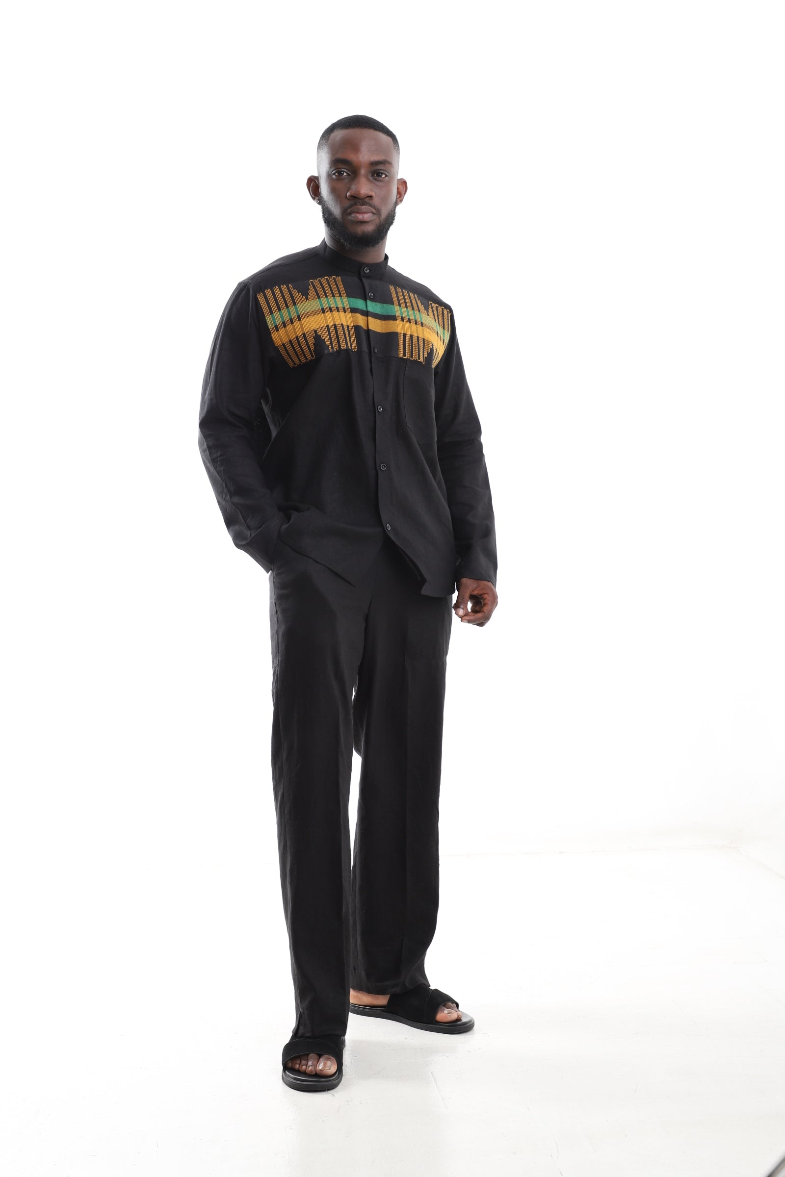 Black Linen Set with Aso-Oke Inspired Detail