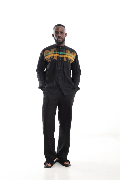 Black Linen Set with Aso-Oke Inspired Detail