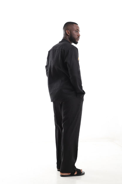 Black Linen Set with Aso-Oke Inspired Detail