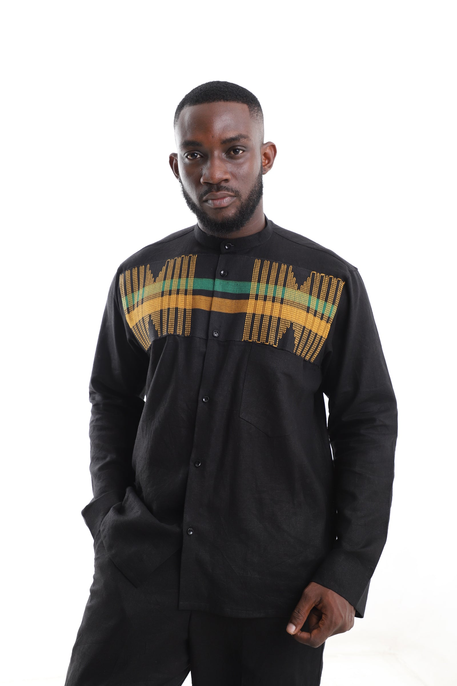 Black Linen Shirt with Aso-Oke Detail