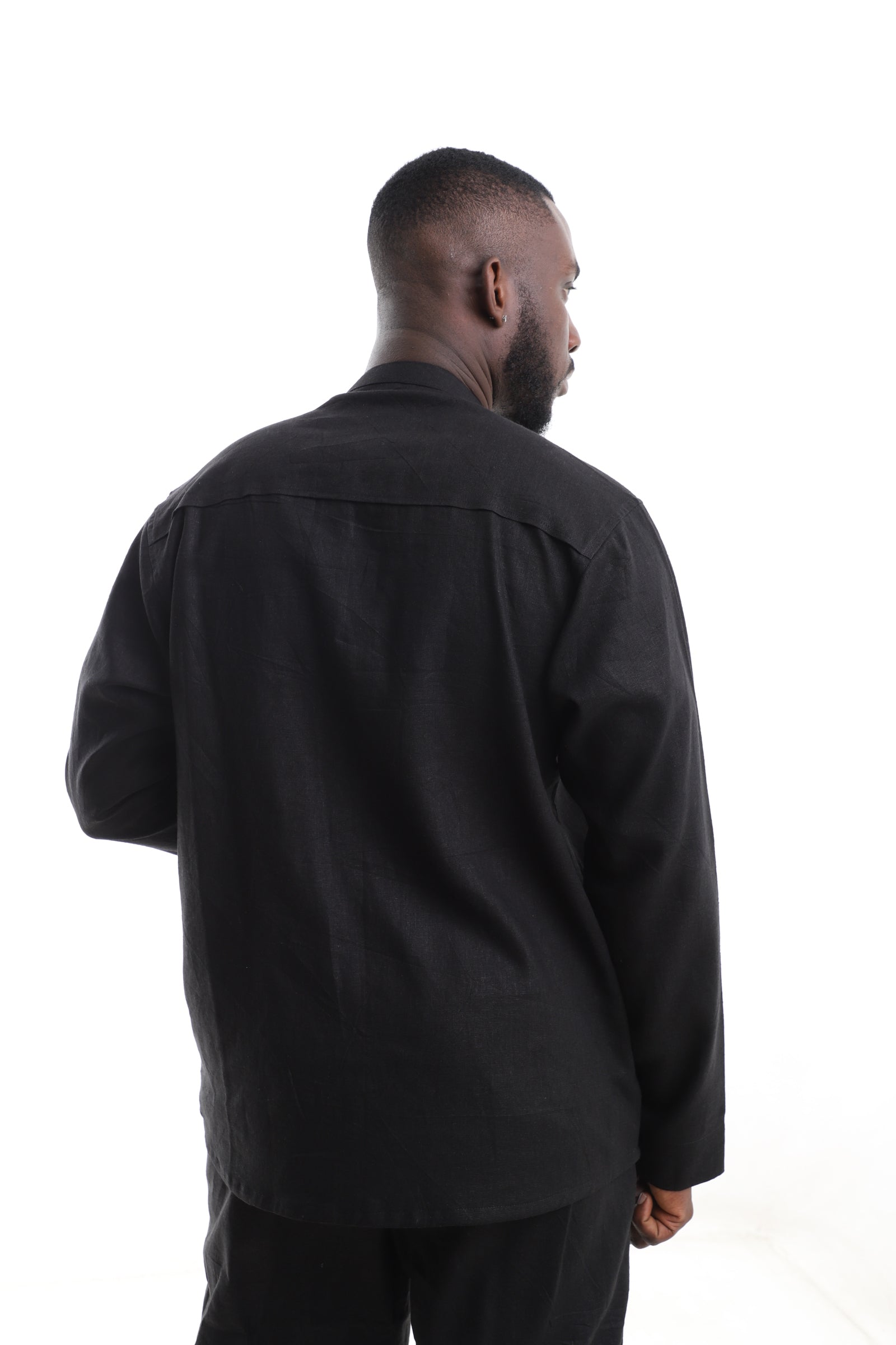 Black Linen Shirt with Aso-Oke Detail