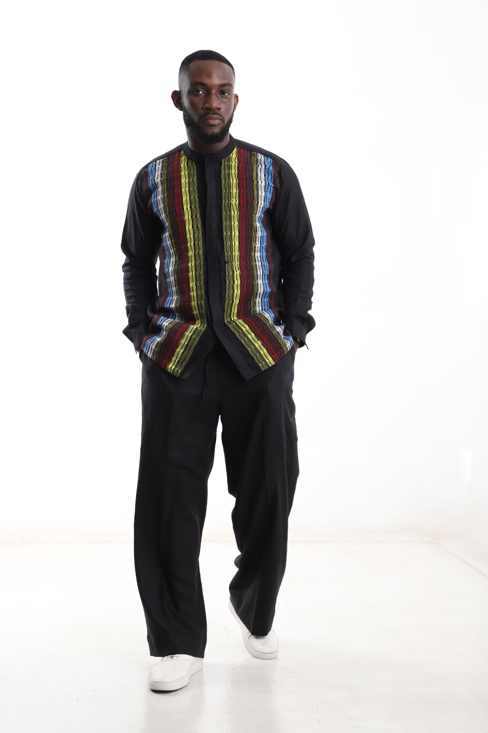 Black Linen Set with Multicolor Panel – Modern African Men’s Outfit