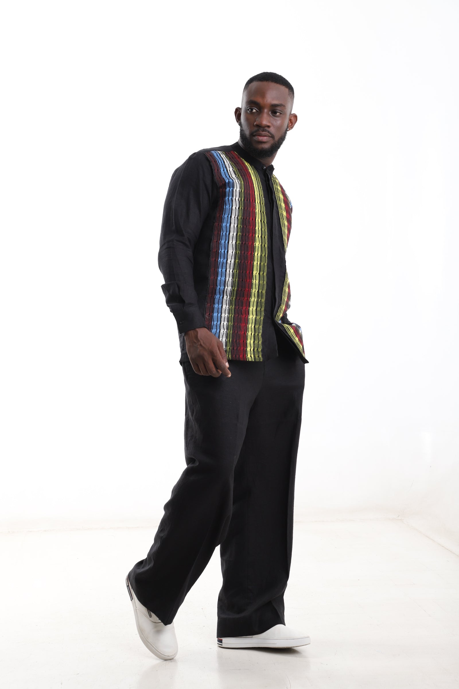 Black Linen Set with Multicolor Panel – Modern African Men’s Outfit