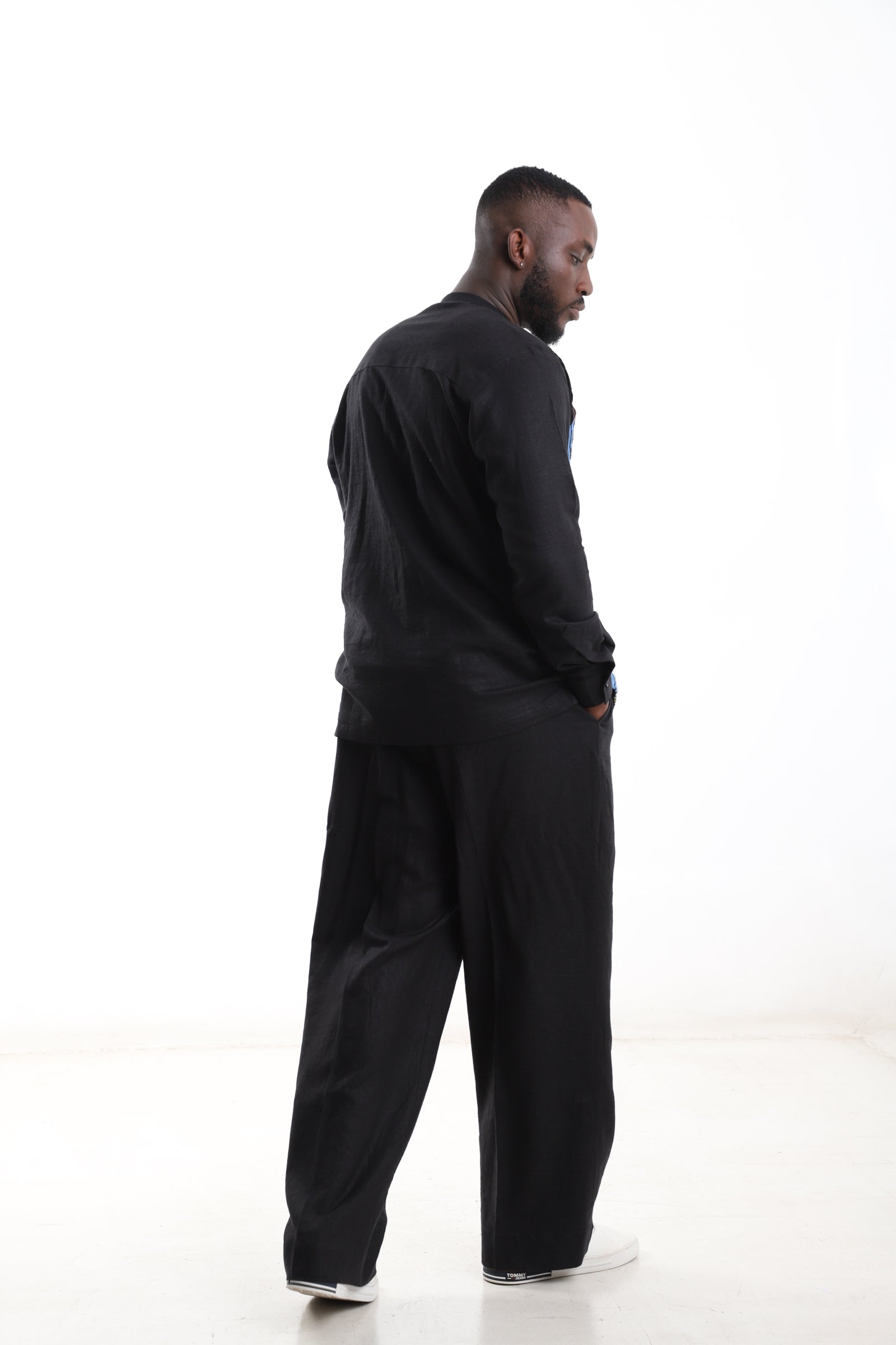 Black Linen Set with Multicolor Panel – Modern African Men’s Outfit
