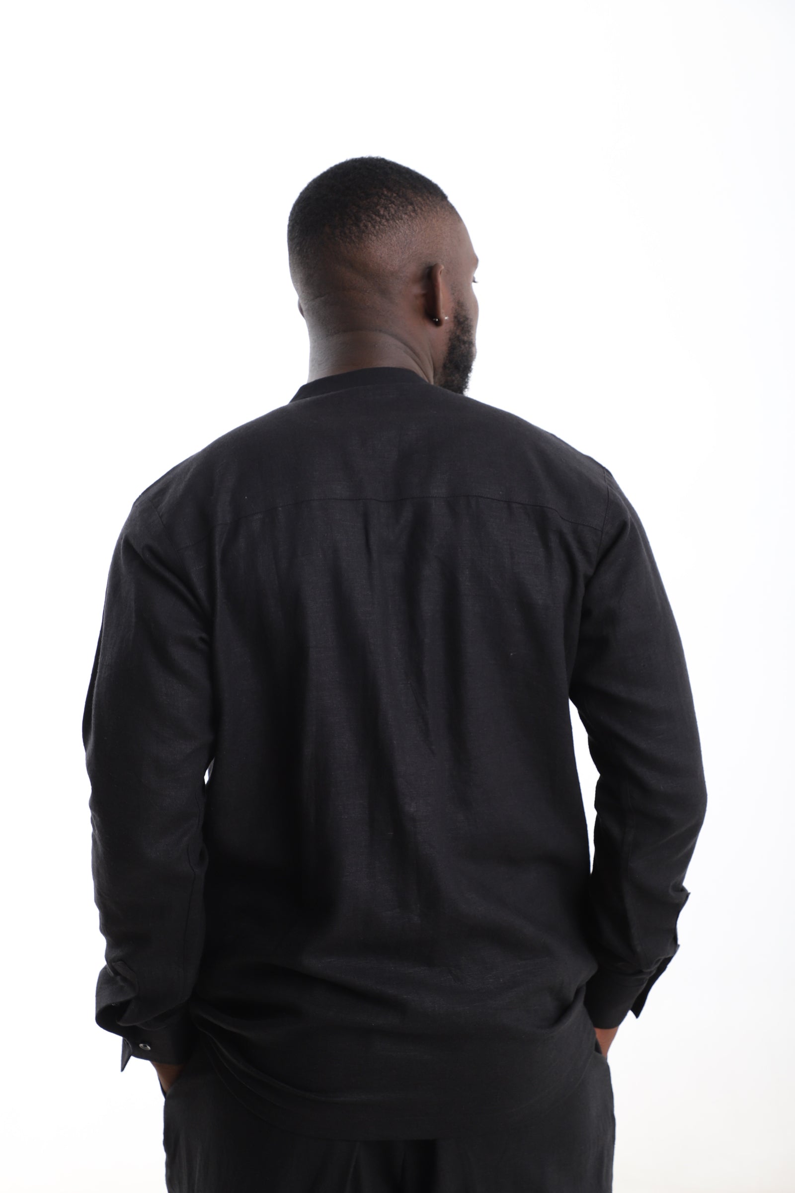 Black Linen Shirt with Multicolor Woven Panel – Modern African Men’s Top