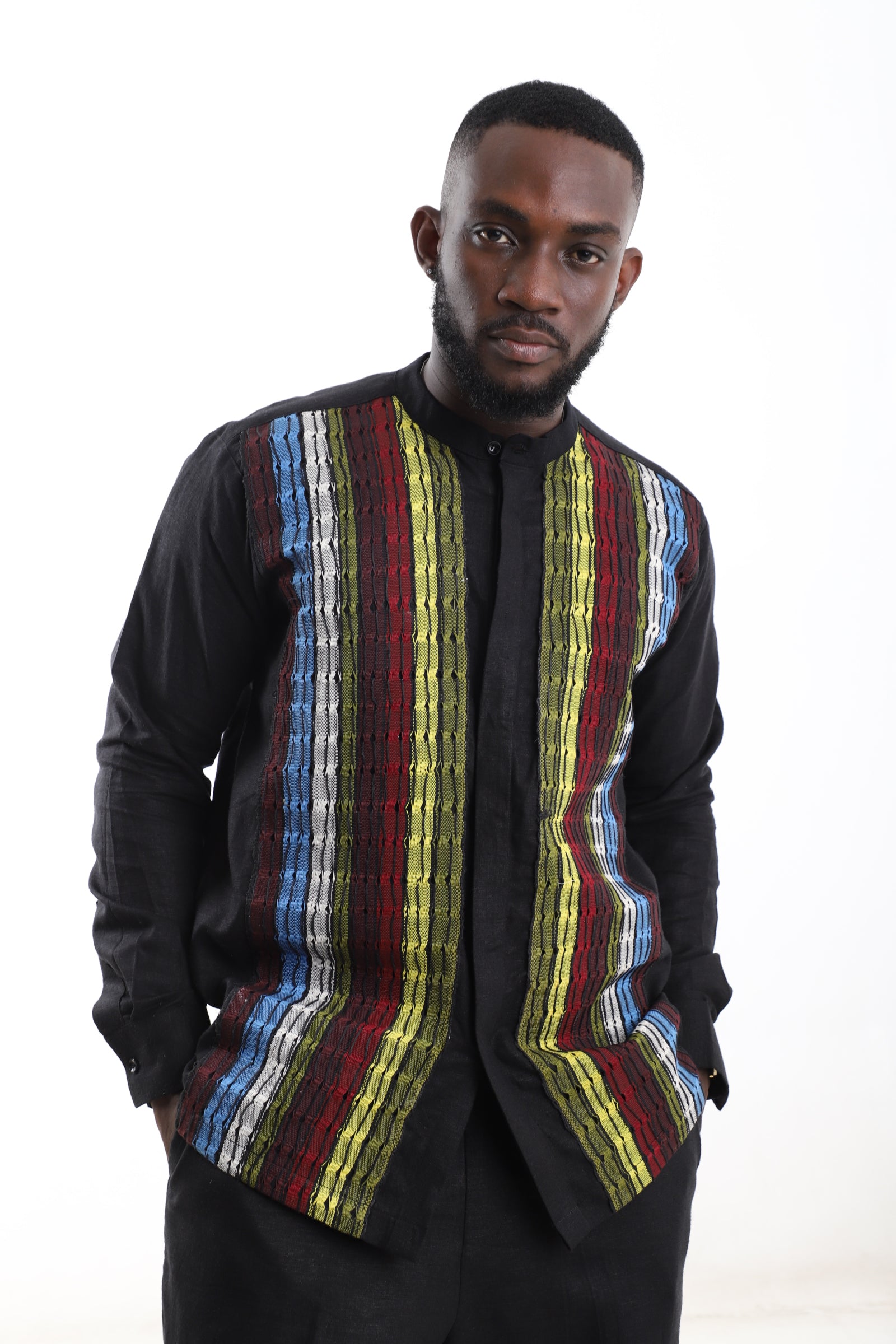 Black Linen Shirt with Multicolor Woven Panel – Modern African Men’s Top