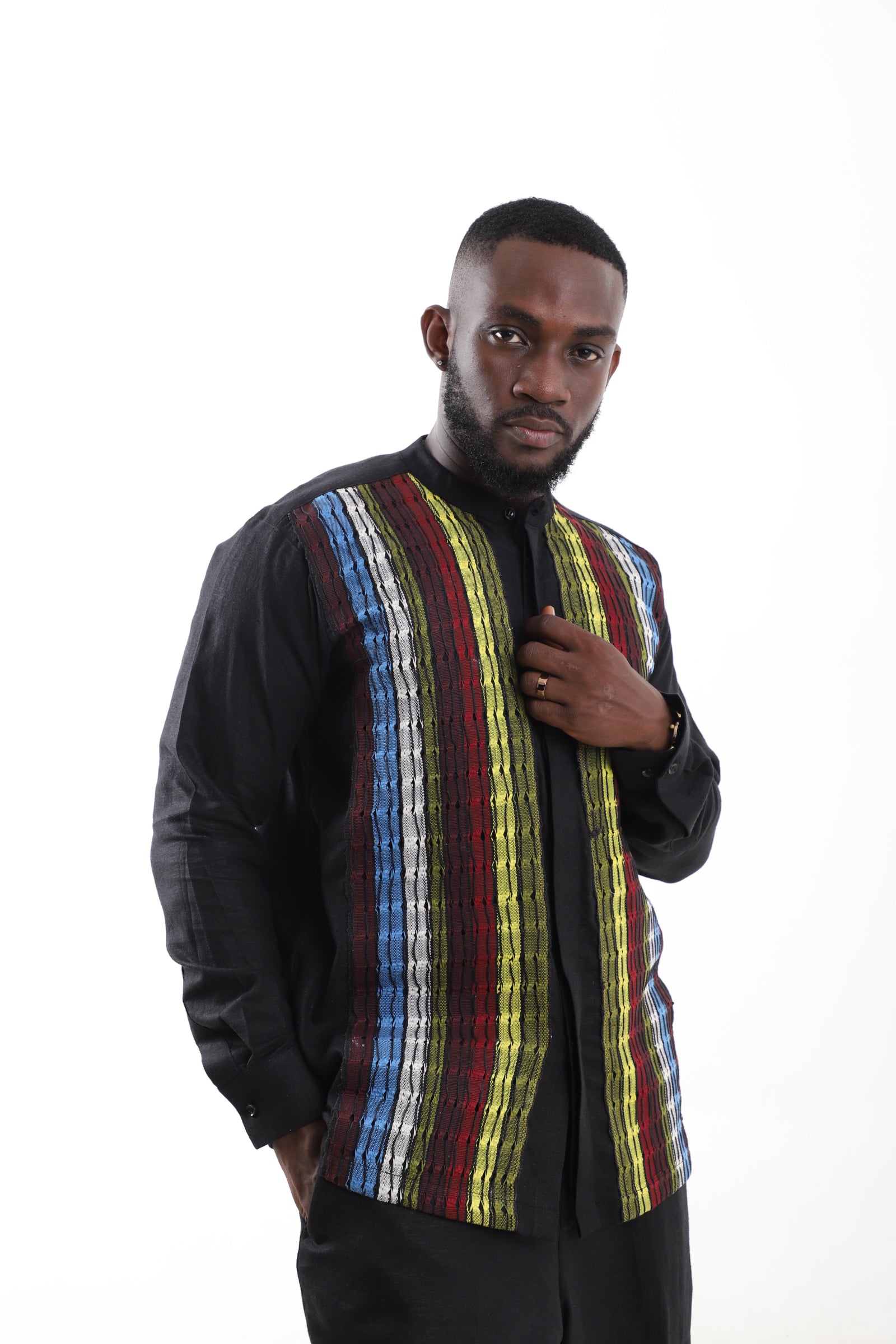 Black Linen Shirt with Multicolor Woven Panel – Modern African Men’s Top