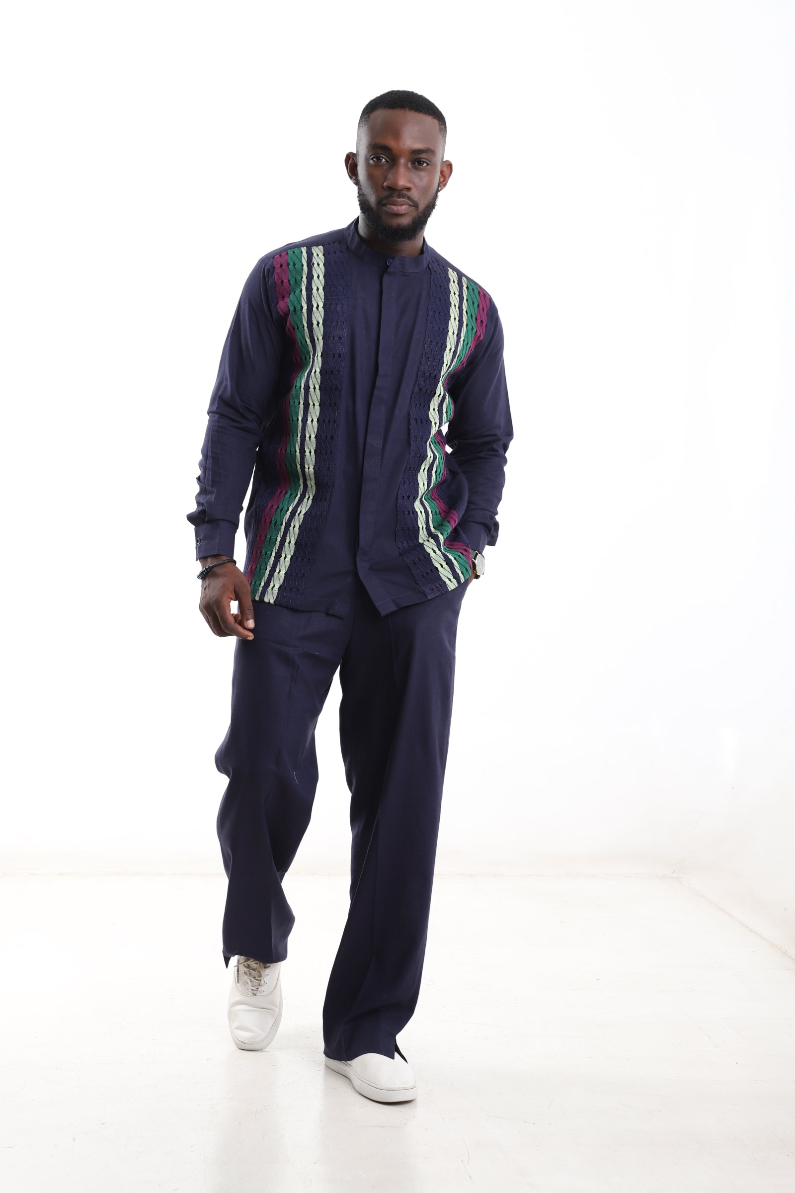 Navy Blue Linen Set with Multicolor Panel – Modern African Men’s Outfit
