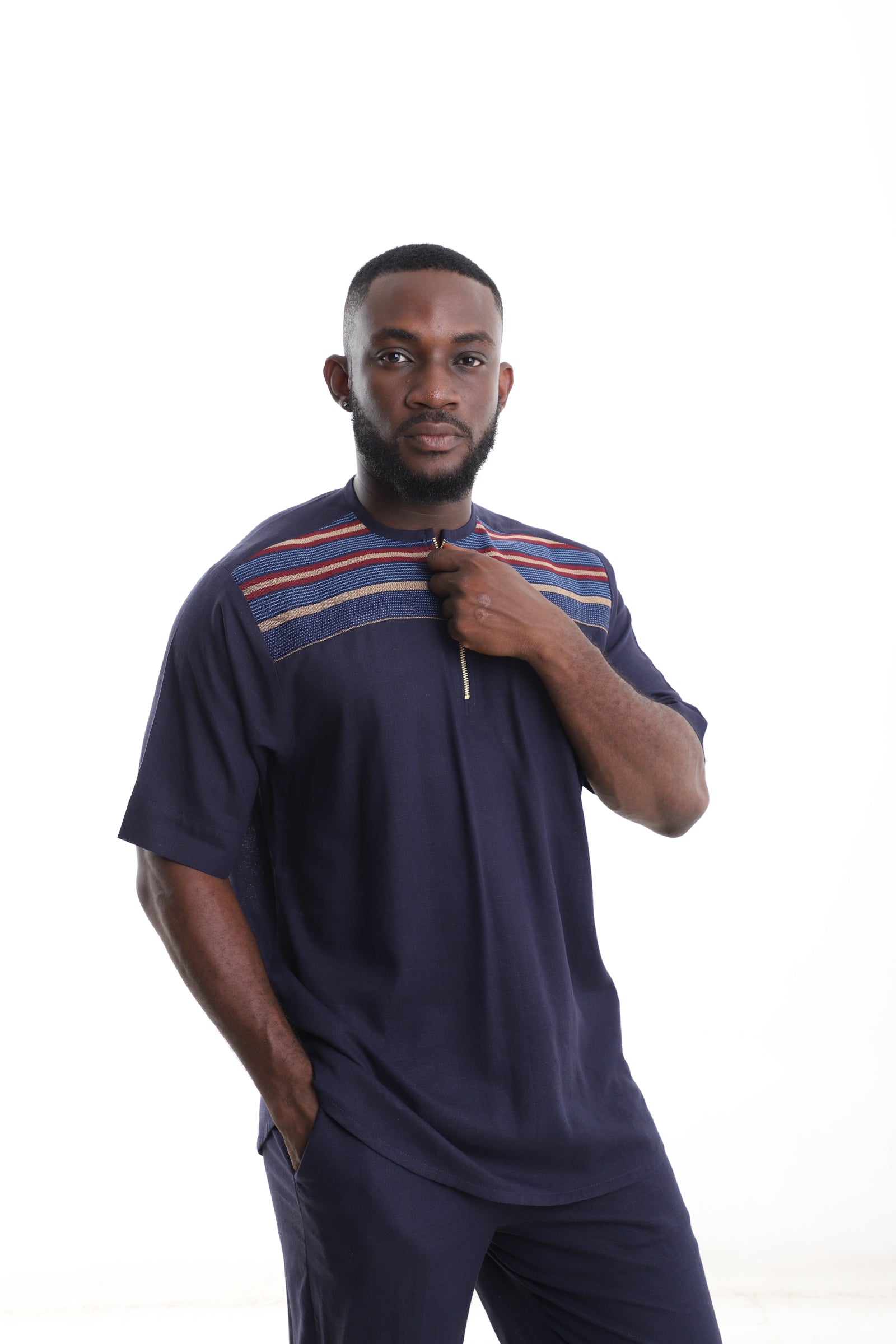 Navyblue Linen- Aso-Oke Detail Shirt