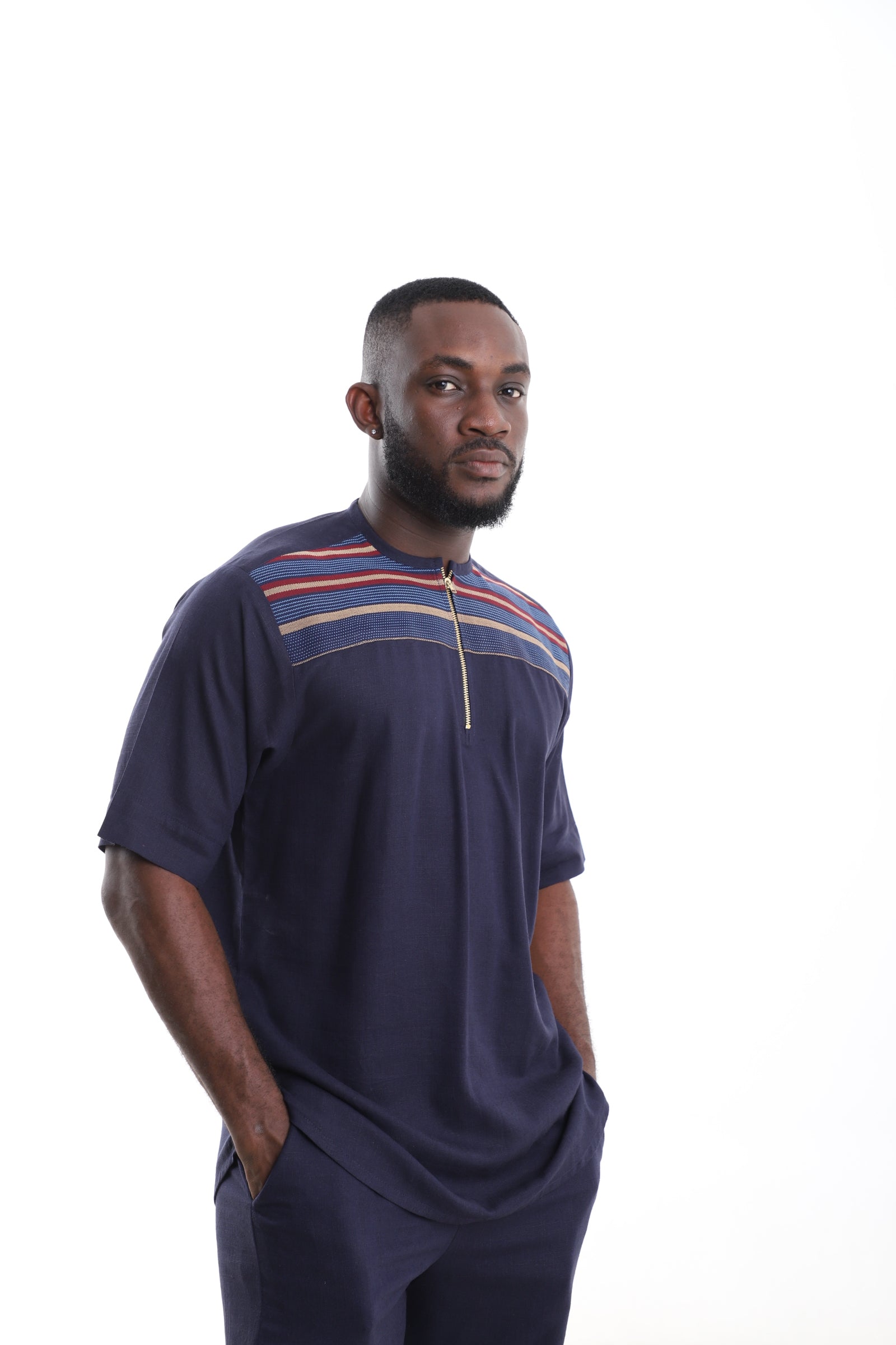 Navyblue Linen- Aso-Oke Detail Shirt