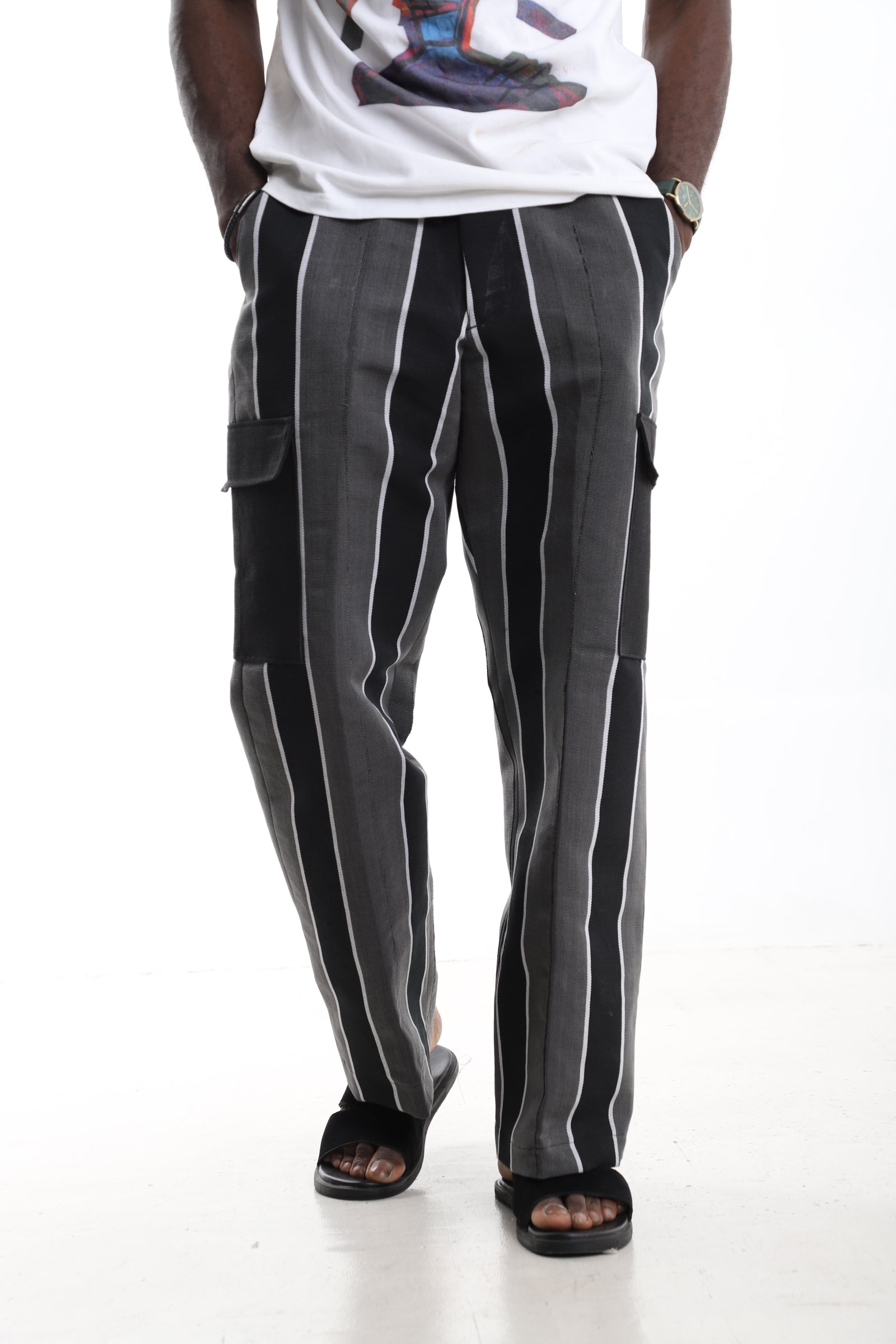 The Charcoal Monochrome | Hand-Woven Aso-Oke Striped Cargo Trousers