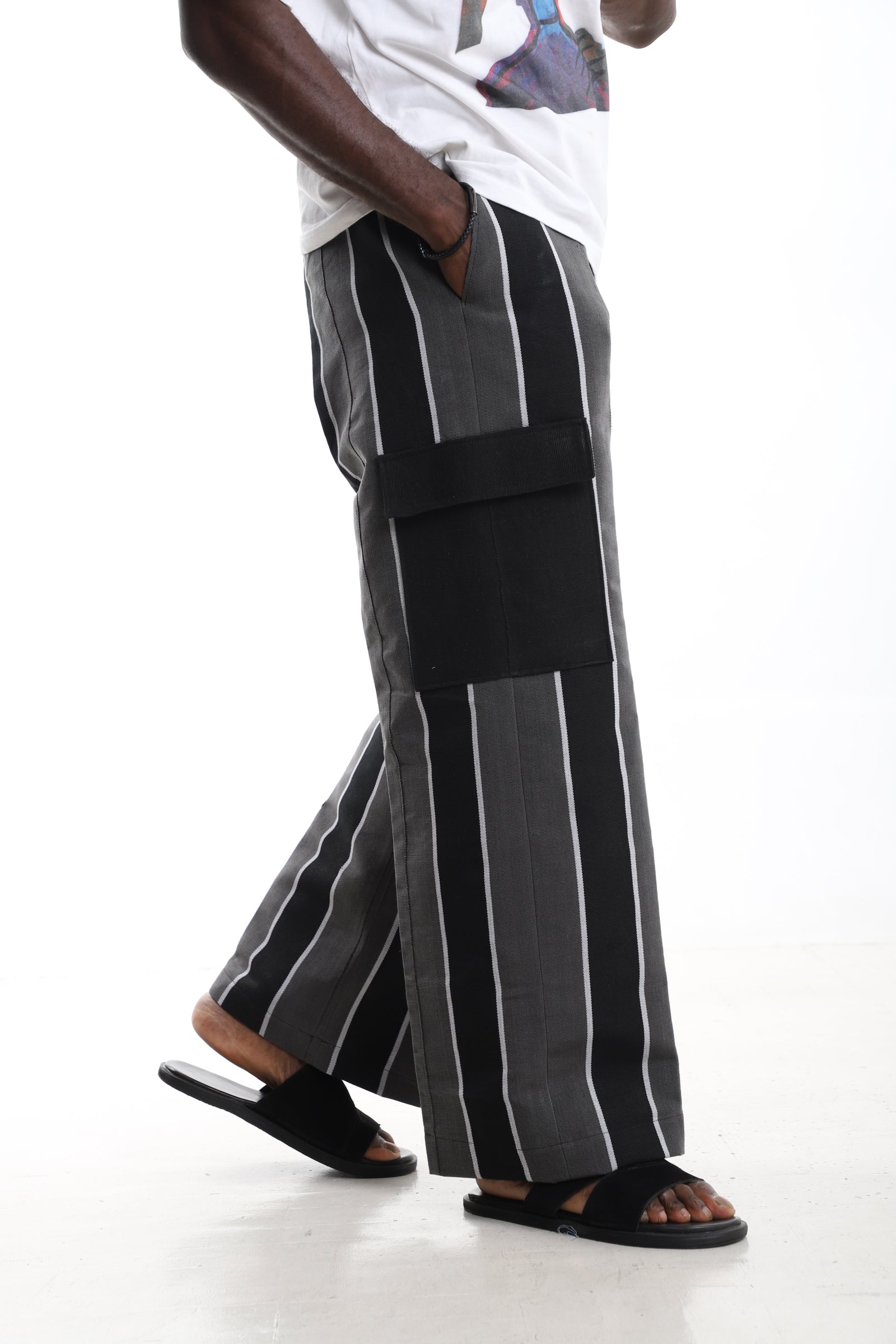 The Charcoal Monochrome | Hand-Woven Aso-Oke Striped Cargo Trousers