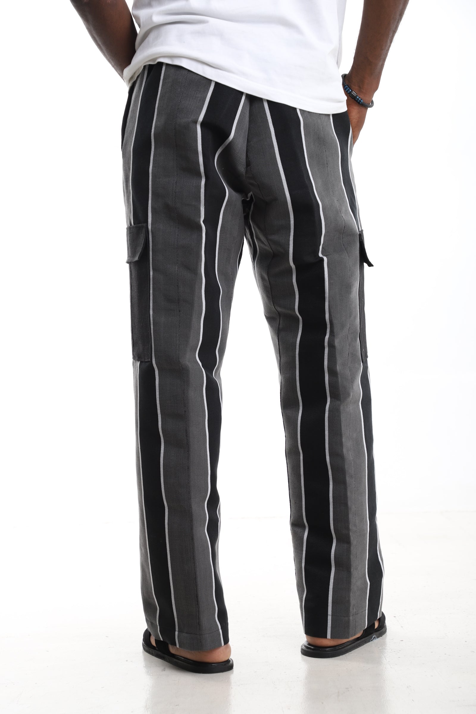 The Charcoal Monochrome | Hand-Woven Aso-Oke Striped Cargo Trousers