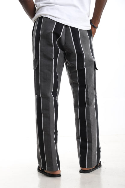 The Charcoal Monochrome | Hand-Woven Aso-Oke Striped Cargo Trousers