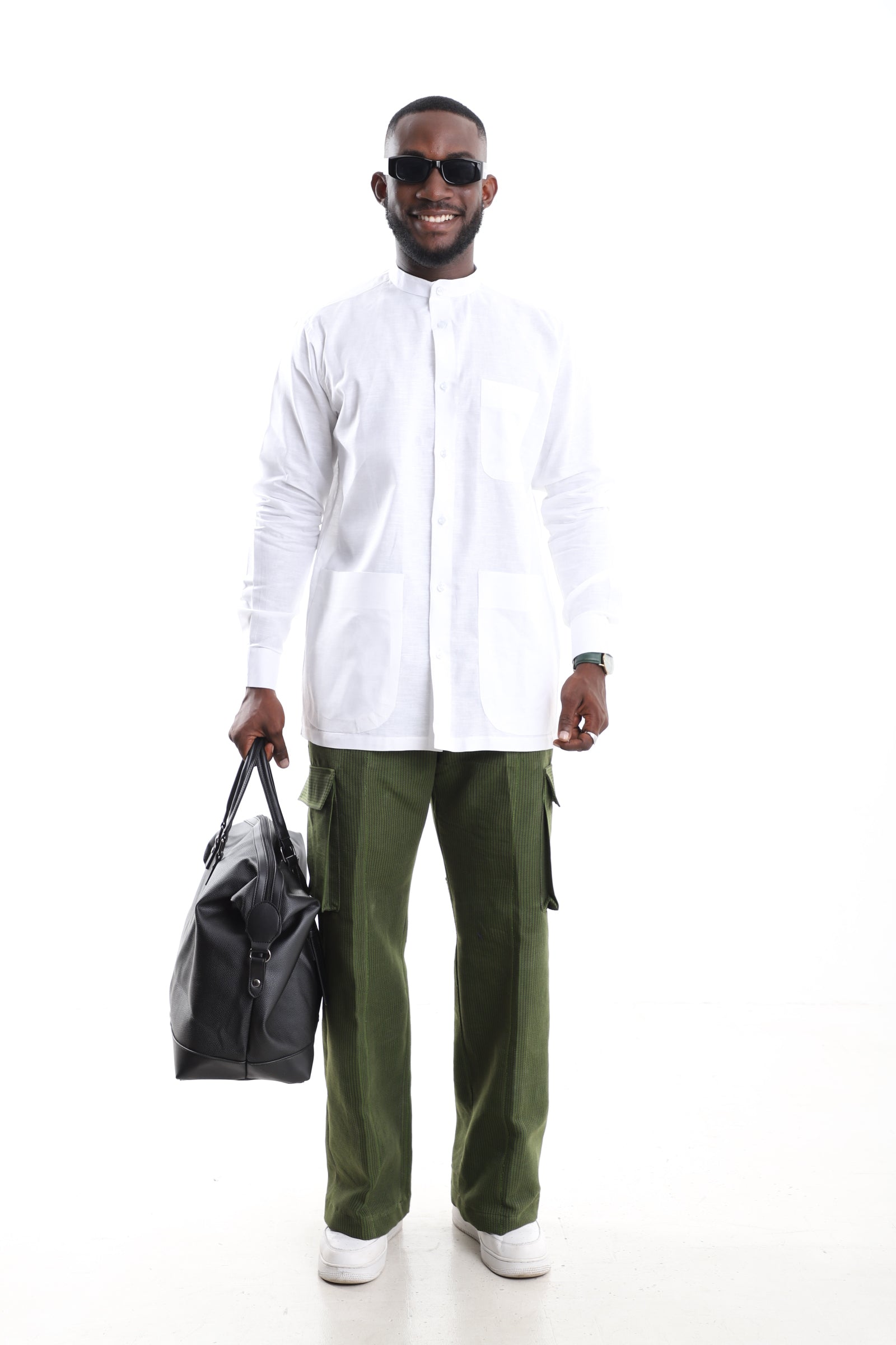 The Verdant Heritage Ensemble | Olive Aso Oke Cargoes &amp; Alabaster Mandarin Shirt