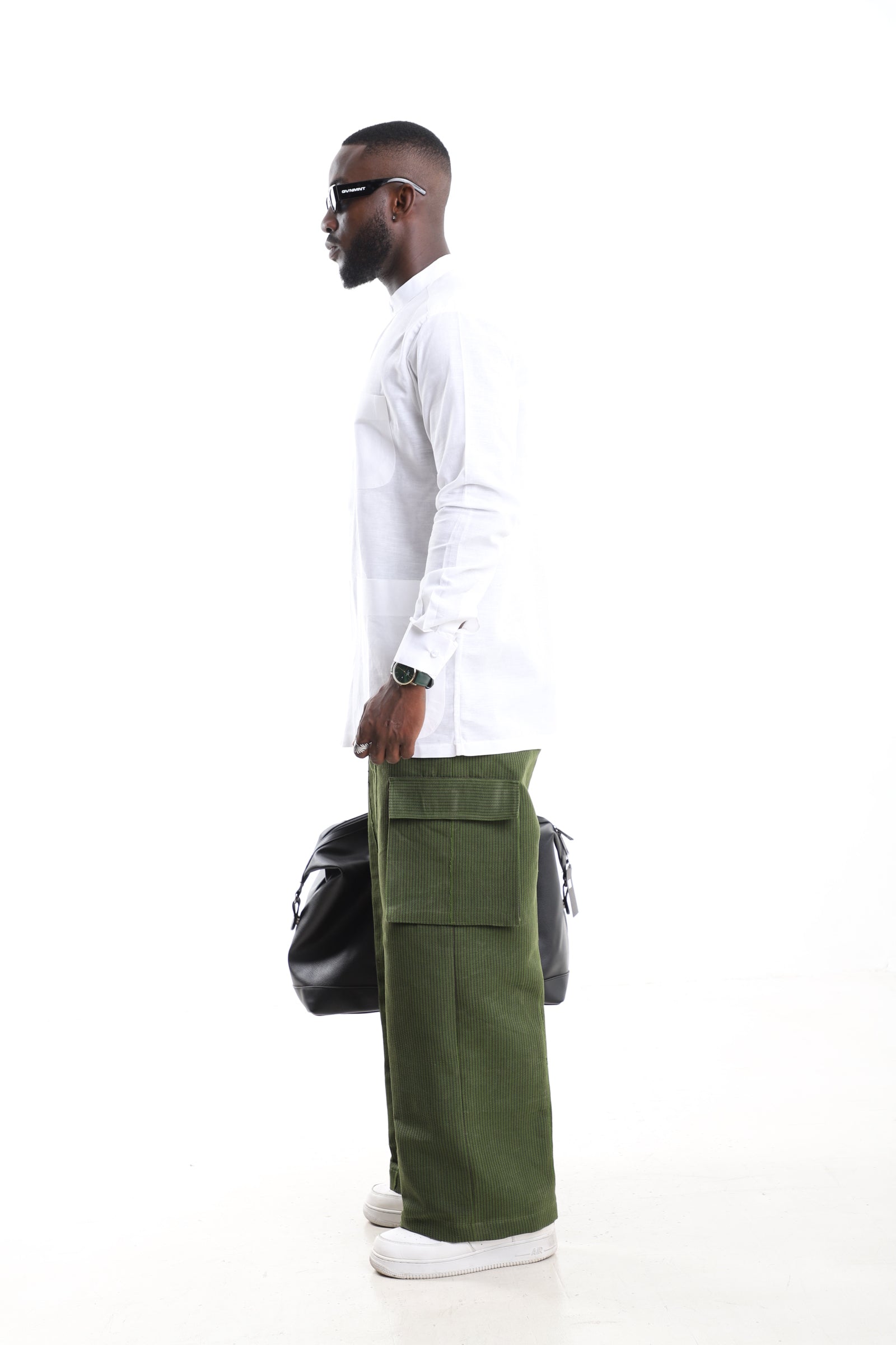 The Verdant Heritage Ensemble | Olive Aso Oke Cargoes &amp; Alabaster Mandarin Shirt