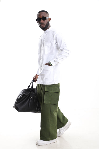 The Verdant Heritage Ensemble | Olive Aso Oke Cargoes &amp; Alabaster Mandarin Shirt