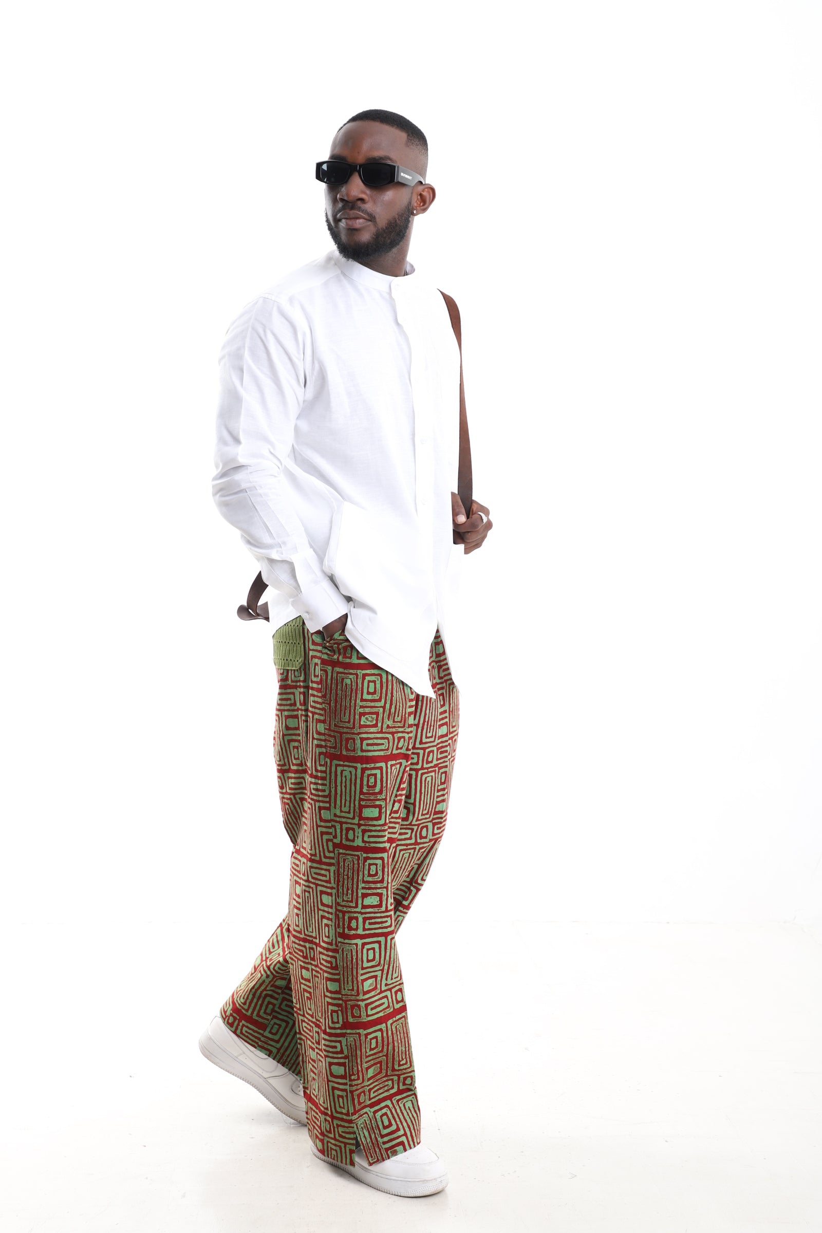 Hand-Dyed Geometric Adire Trousers &amp; Mandarin Linen Shirt