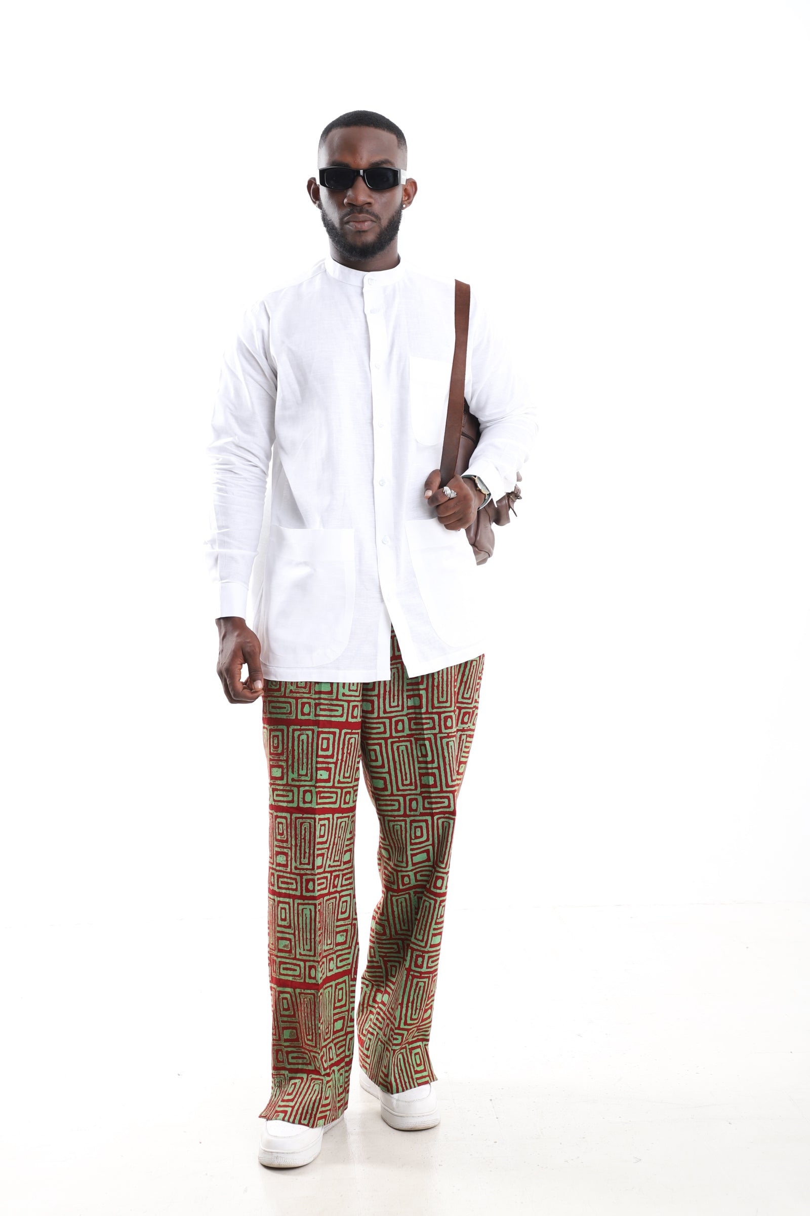 Hand-Dyed Geometric Adire Trousers &amp; Mandarin Linen Shirt