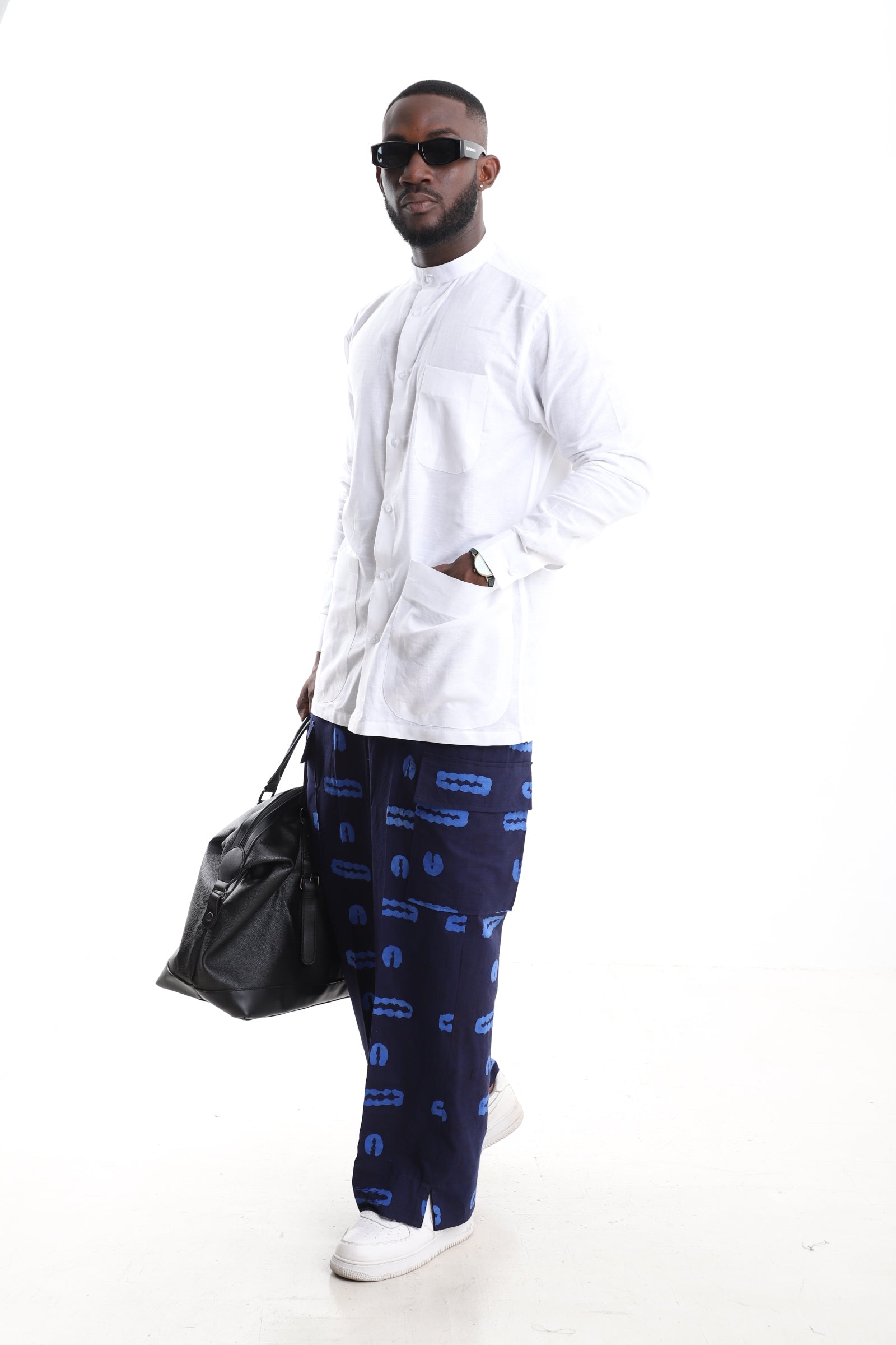 The Indigo Utility Set | Hand-Dyed Adire Cargo Trousers &amp; Mandarin Linen Shirt