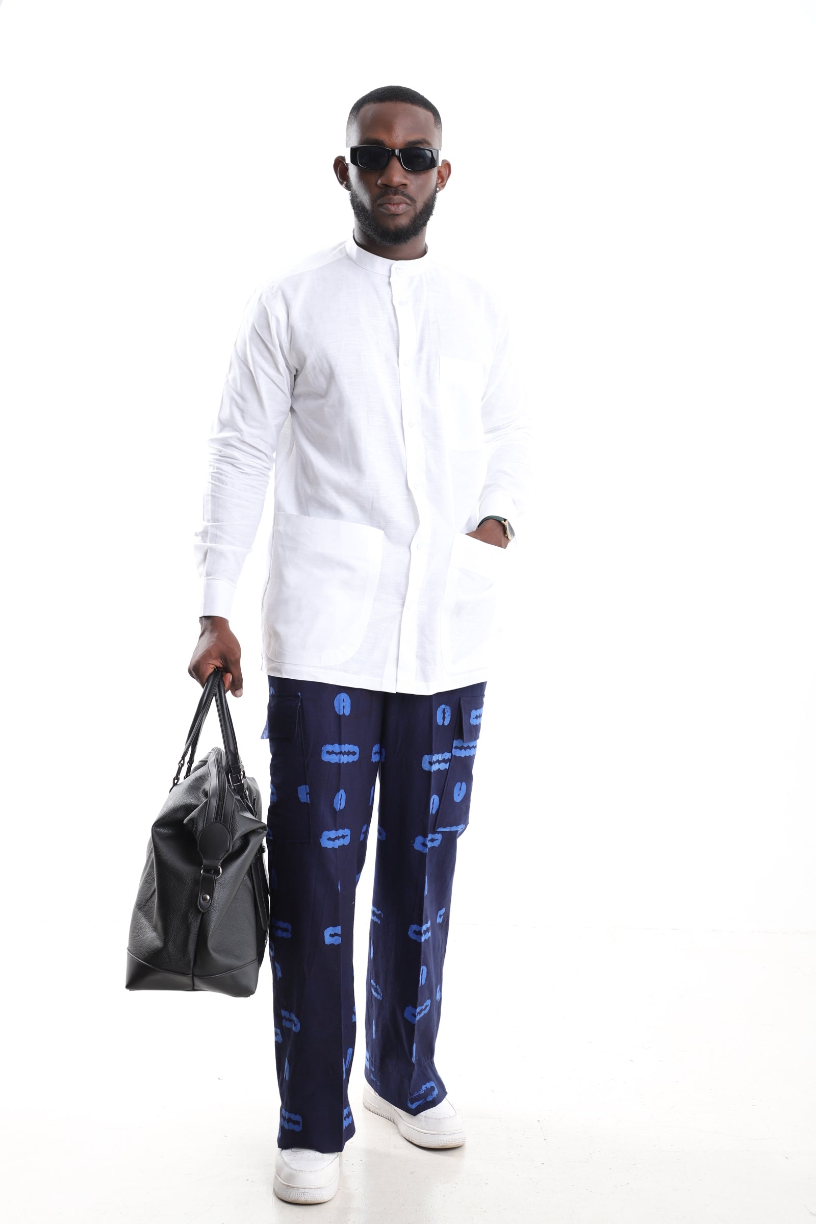 The Indigo Utility Set | Hand-Dyed Adire Cargo Trousers &amp; Mandarin Linen Shirt