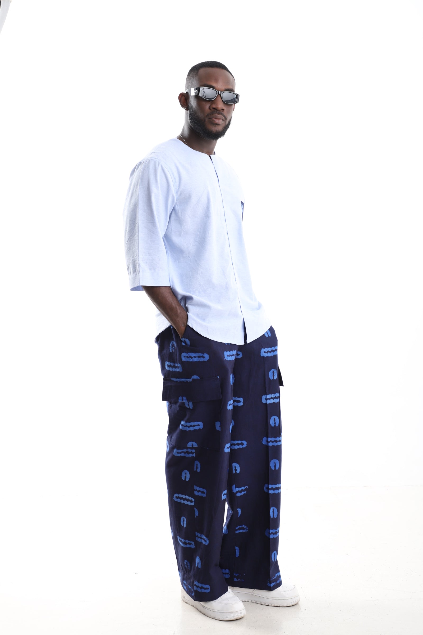 The Azure Artisan | Adire Cargo Trousers &amp; Sky Blue Linen Tunic