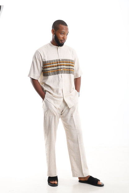 Premium Linen Mandarin Set with Hand-Loomed Aso Oke Inlay
