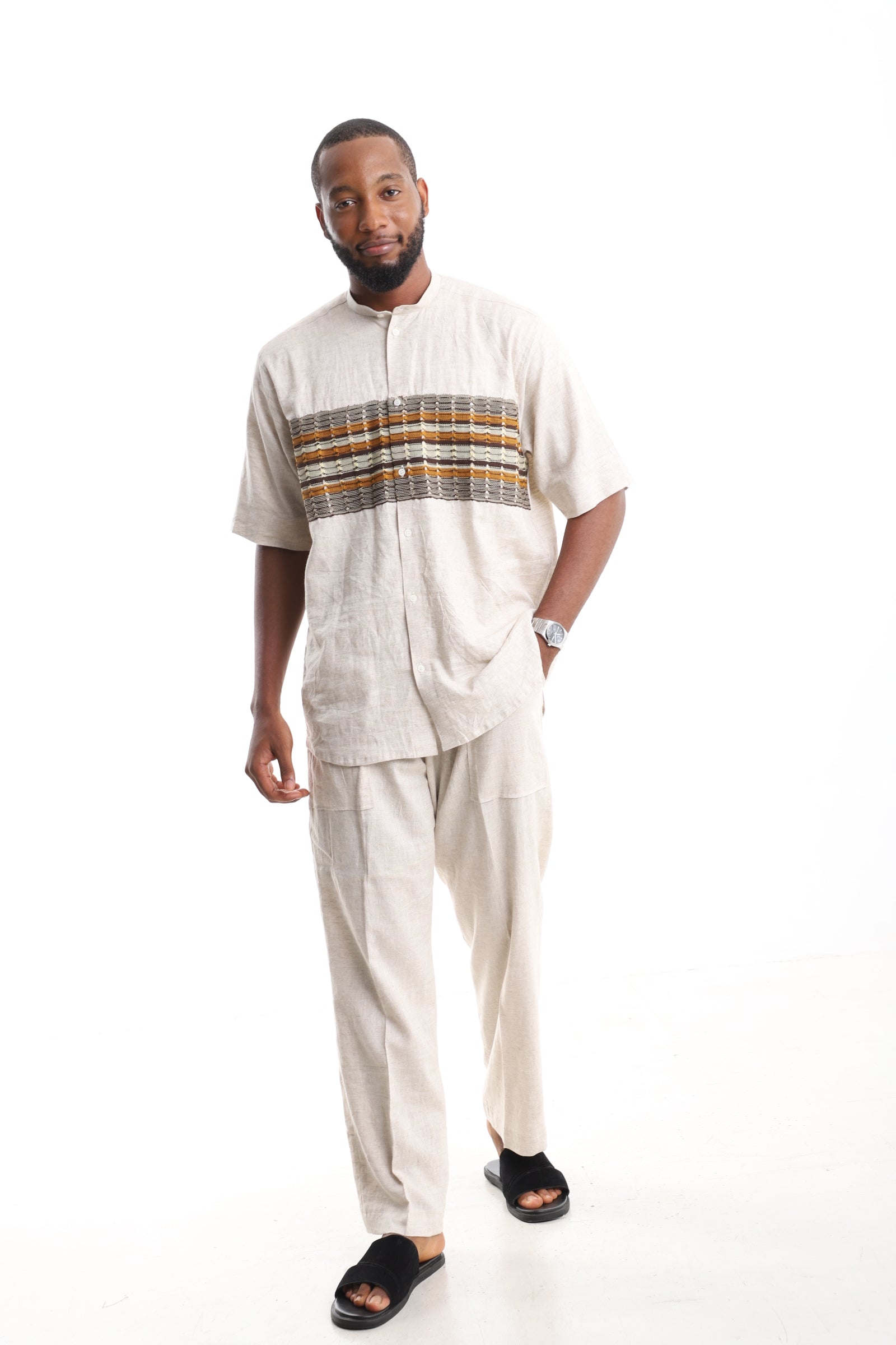 Premium Linen Mandarin Set with Hand-Loomed Aso Oke Inlay