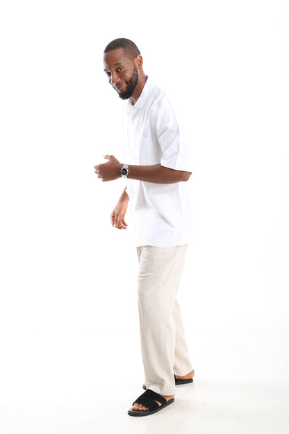Premium Linen Short-Sleeve Set with Aso Oke Inlay
