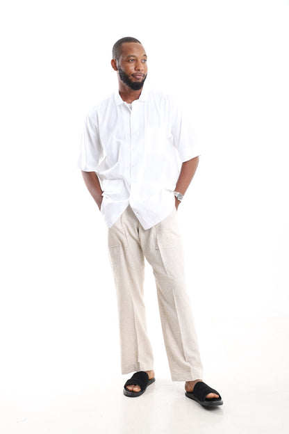 Premium Linen Short-Sleeve Set with Aso Oke Inlay