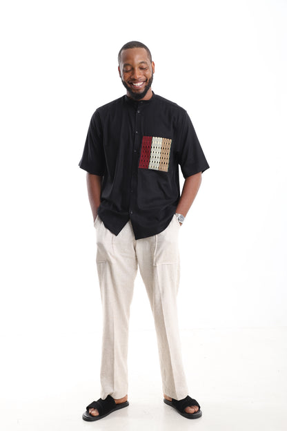 Premium Black Linen Tunic with Artisanal Aso Oke Pocket