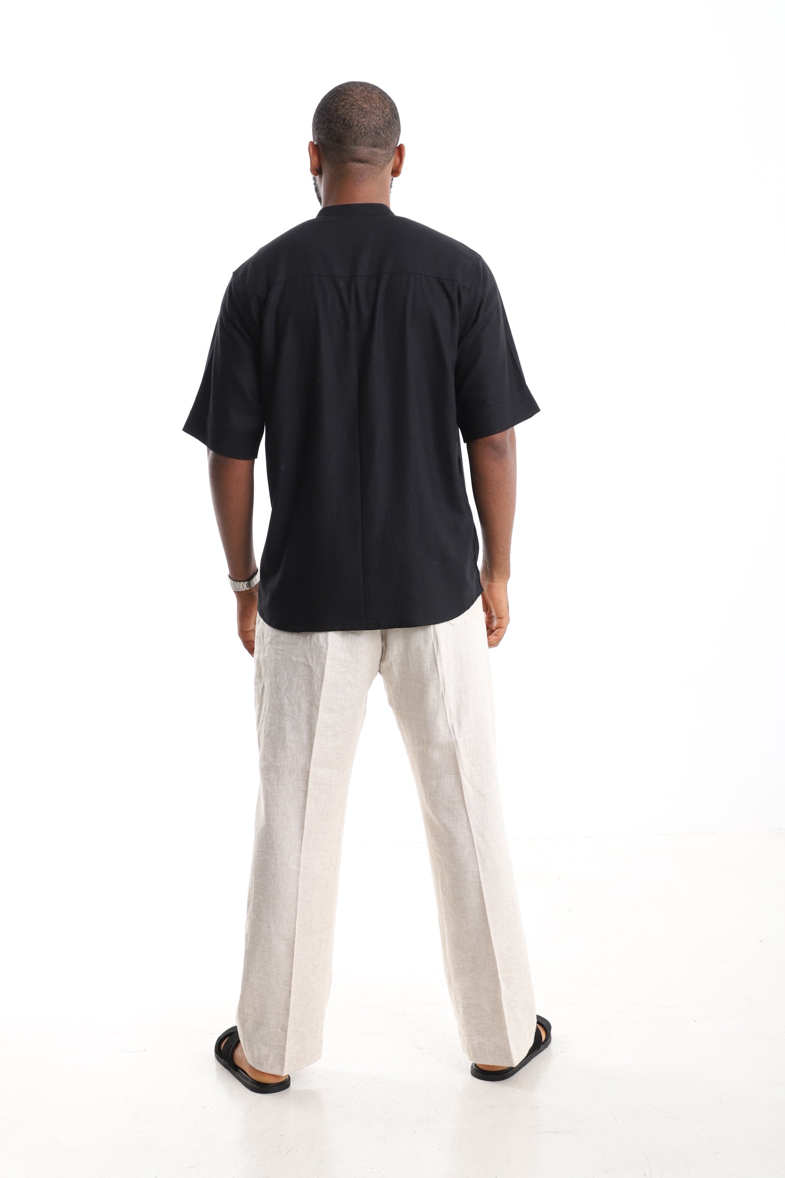 Premium Black Linen Tunic with Artisanal Aso Oke Pocket