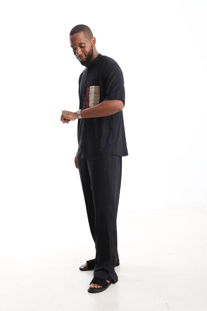 Premium Black Linen Tunic &amp; Trousers with Aso Oke Accent